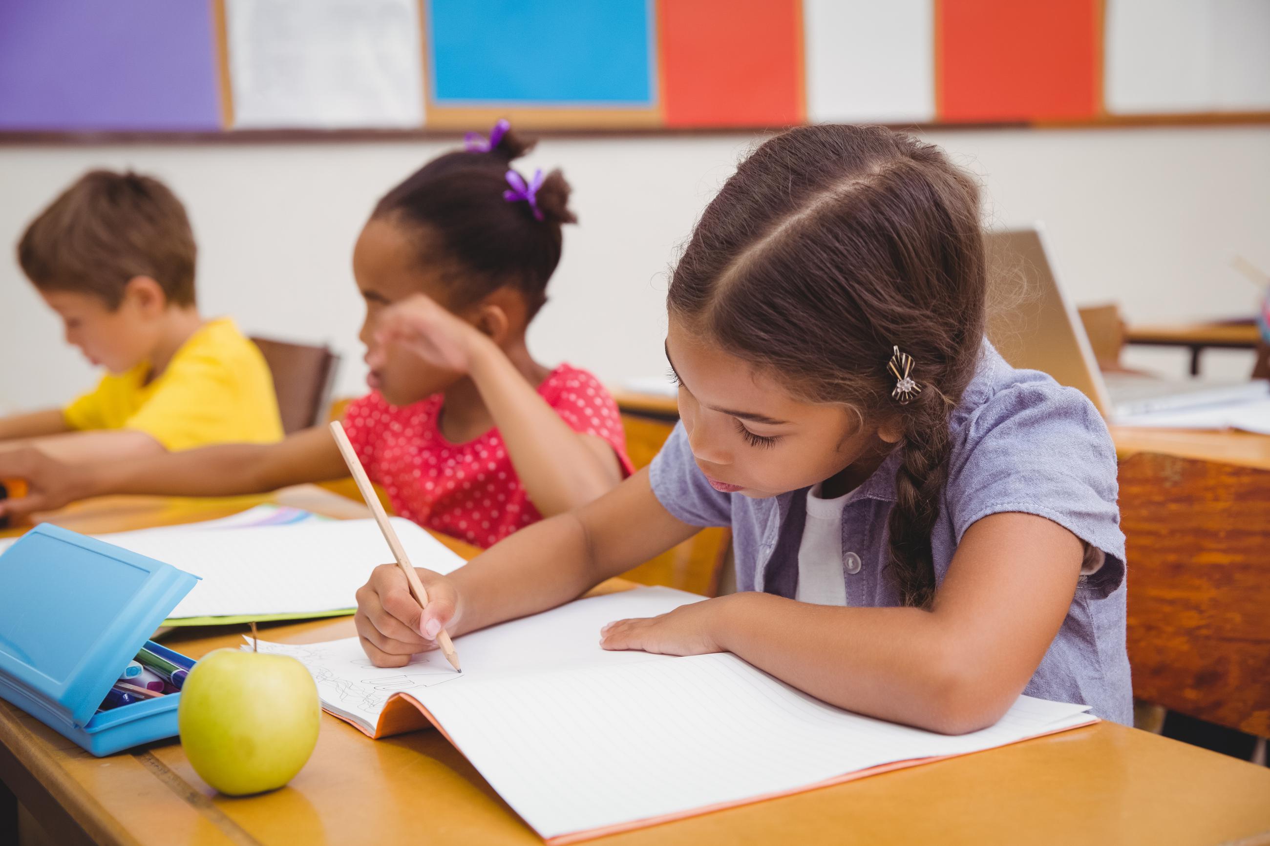 The pupils wrote the dictation. Classroom investigation. pupils on the desk. chill in classroom. classroom write.