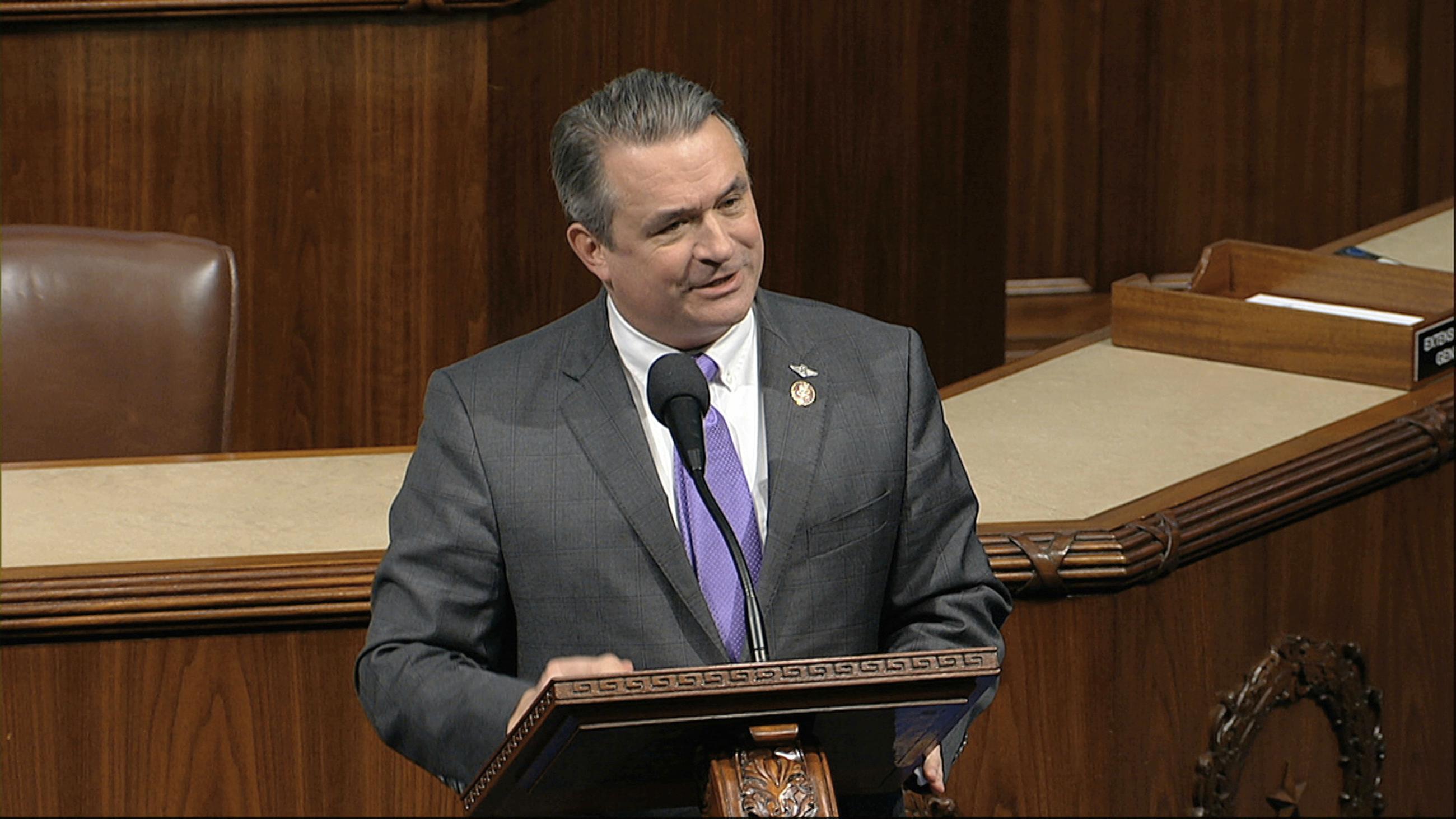 Rep. Don Bacon, R-Neb., speaks as the House of Representatives debates the articles of impeachment against President Donald Trump at the Capitol in Washington, Wednesday, Dec. 18, 2019. (House Television via AP)