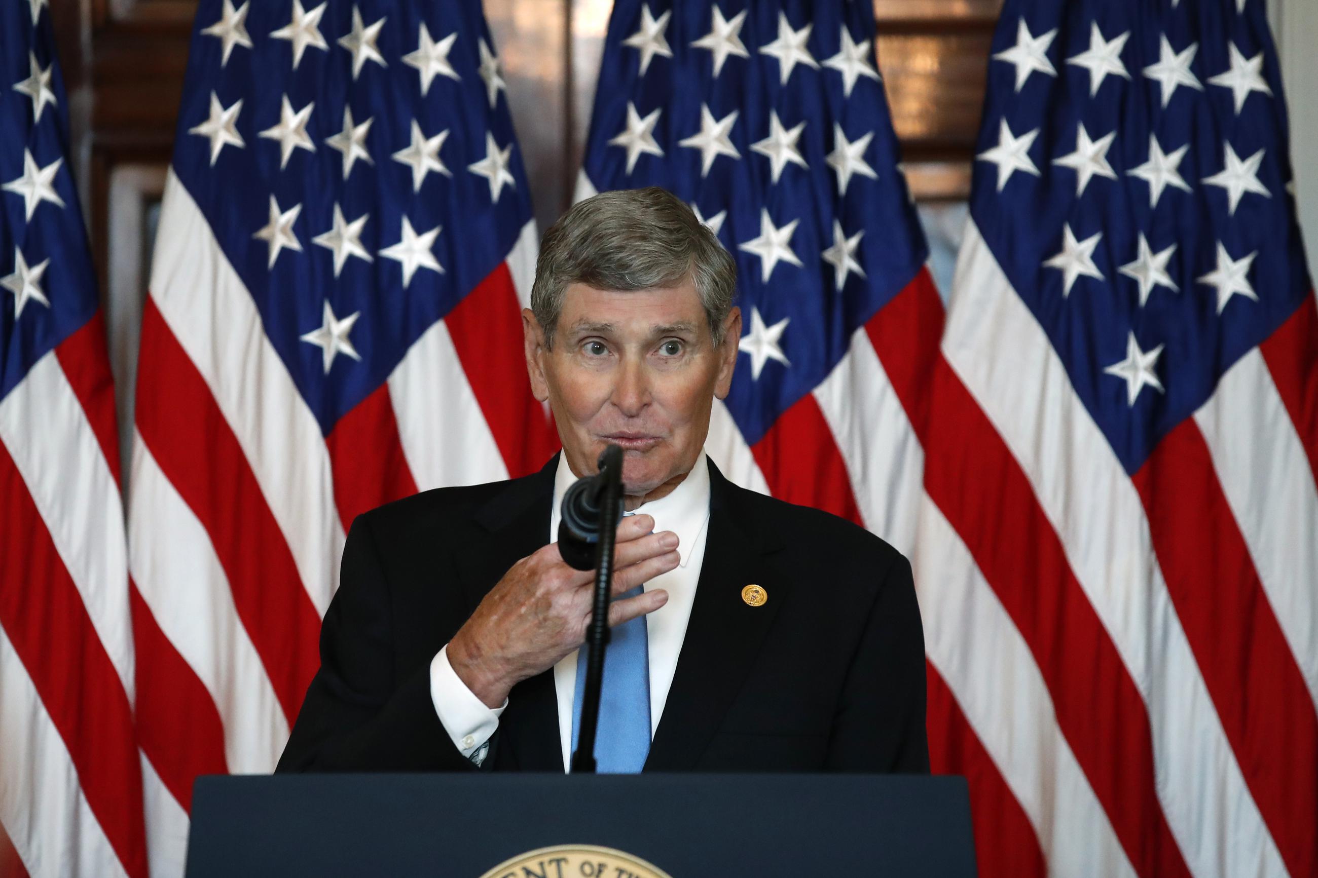 Jim Ryun speaks during an event to present the Presidential Medal of Freedom to Ryun in the Blue Room of the White House, Friday, July 24, 2020, in Washington. (AP Photo/Alex Brandon)