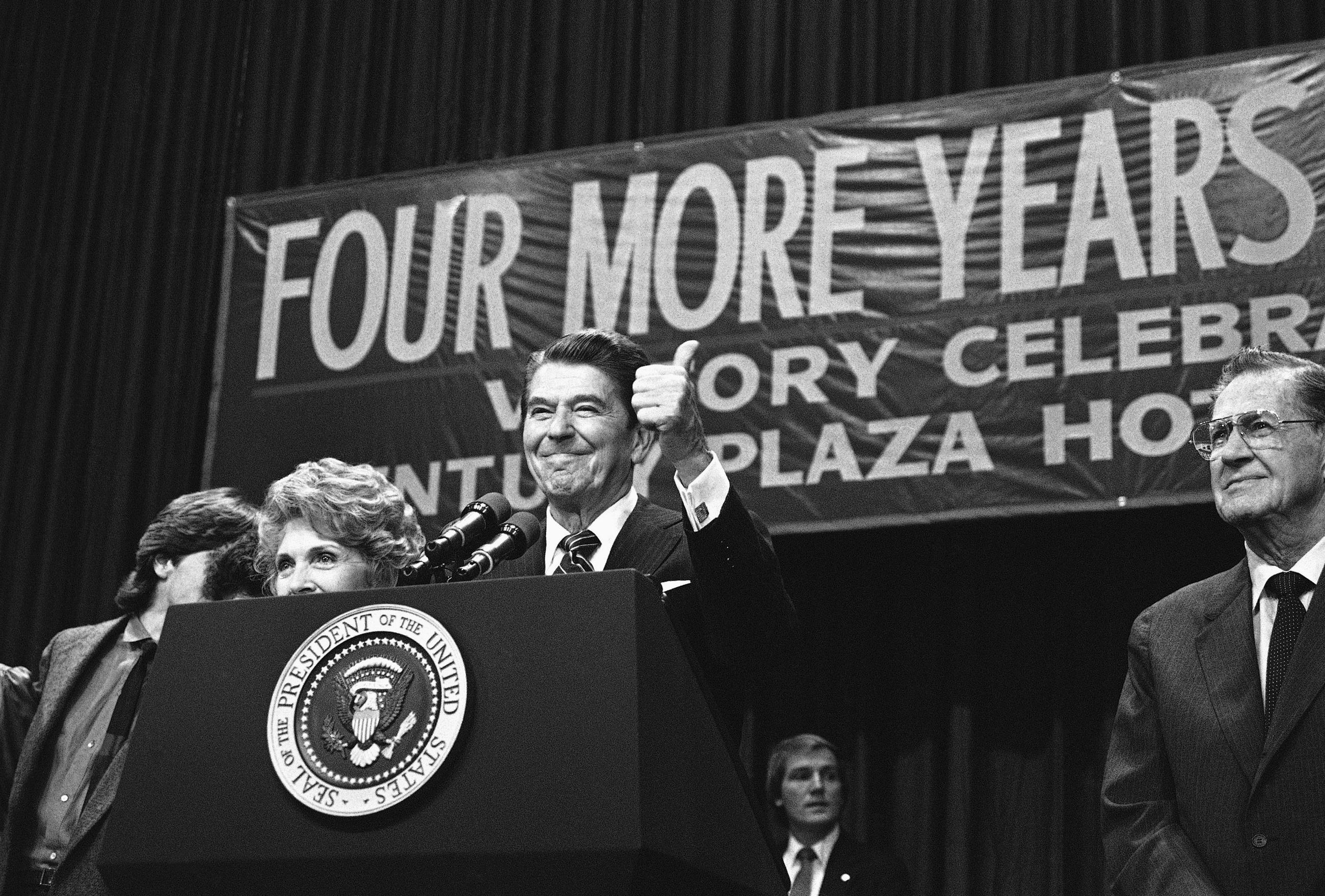 President Ronald Reagan celebrates his reelection victory in Los Angeles on Nov. 6, 1984. (AP Photo)