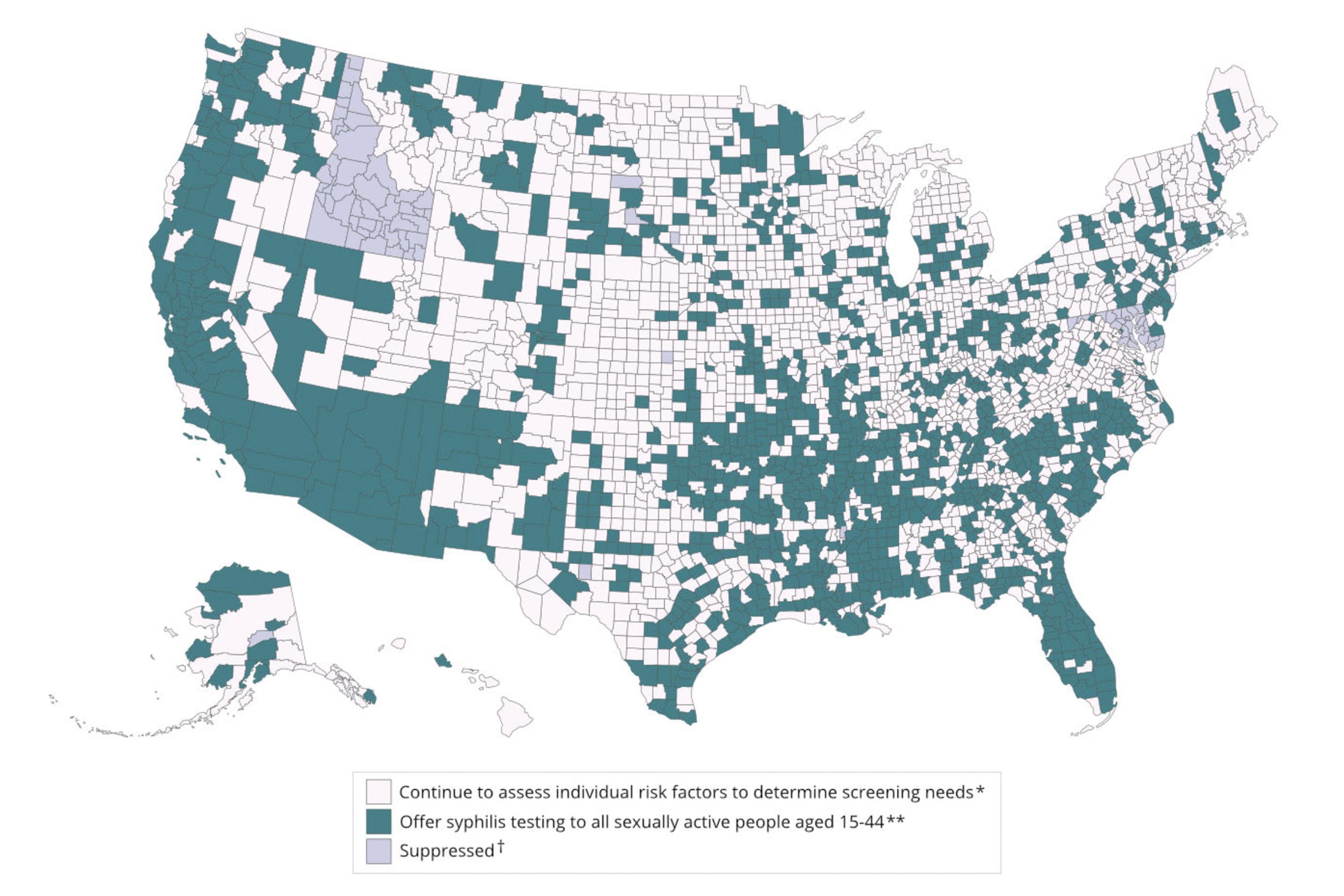 This image provided by the U.S. Centers for Disease Control and Prevention on Tuesday, Nov. 7, 2023, shows counties, shaded in teal, where federal officials suggest offering syphilis testing to all sexually active people between the ages of 15 and 44. (CDC via AP)