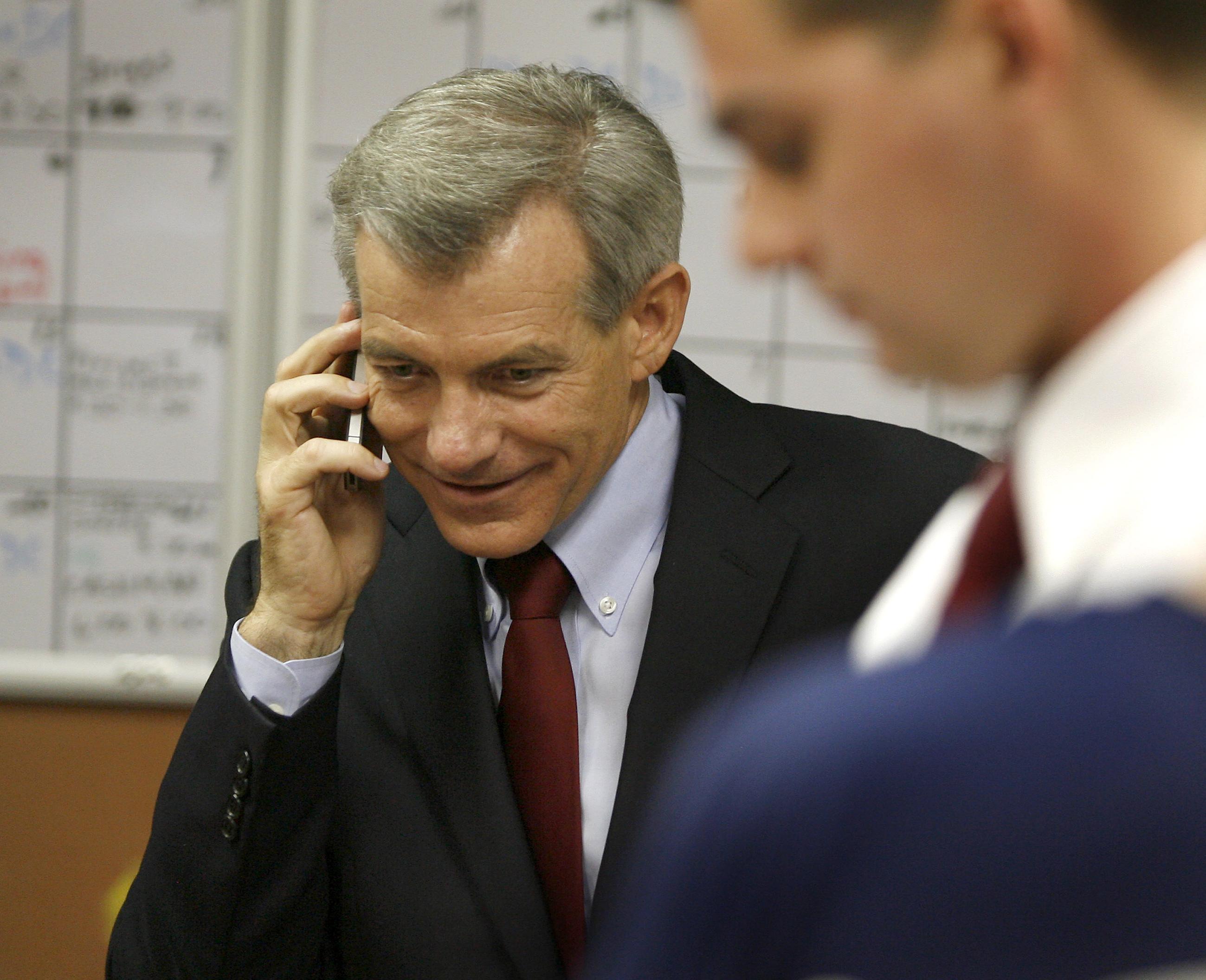 Rep. David Schweikert takes a conratulatory concession phone call from opponent Ben Quayle on election night at his campaign headquarters on Tuesday, Aug. 28, 2012, in Phoenix. (AP Photo/Ralph Freso)