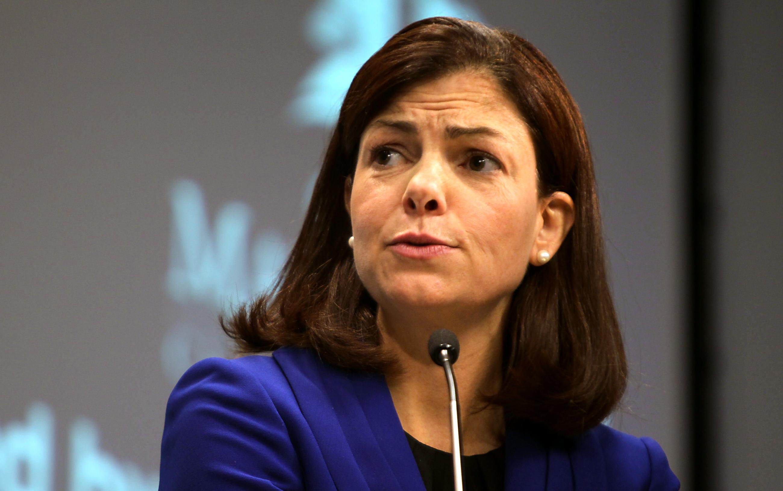 Candidate for New Hampshire's Senate race, Republican Kelly Ayotte, reacts to a statement made by Democrat Paul Hodes, not pictured, during the AARP Senate forum held at Saint Anselm College in Manchester, N.H., Monday, Oct. 18, 2010. (AP Photo/Cheryl Senter)
