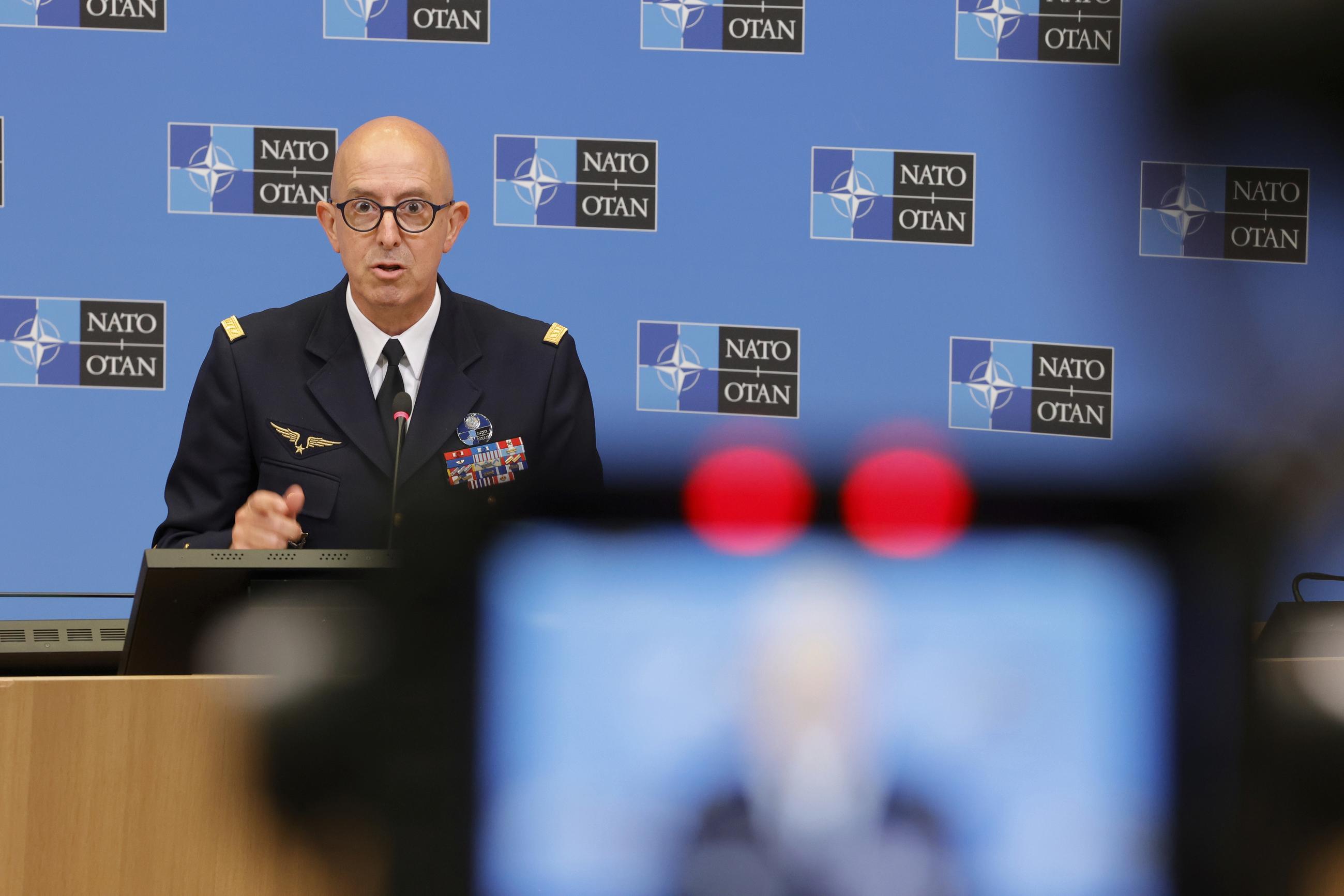 NATO's supreme allied commander for transformation, Gen. Philippe Lavigne, holds a press conference at NATO headquarters in Brussels in 2022. (AP Photo/Olivier Matthys)