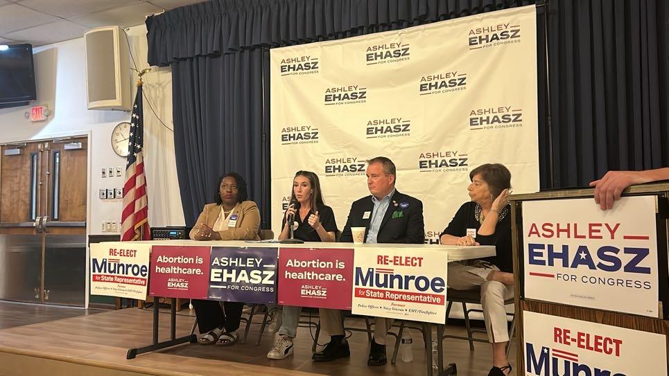 Democrat Ashley Ehasz (second from left) leads a roundtable discussion on abortion access in Bucks County, Pennsylvania, on Saturday. (James A. Downs)