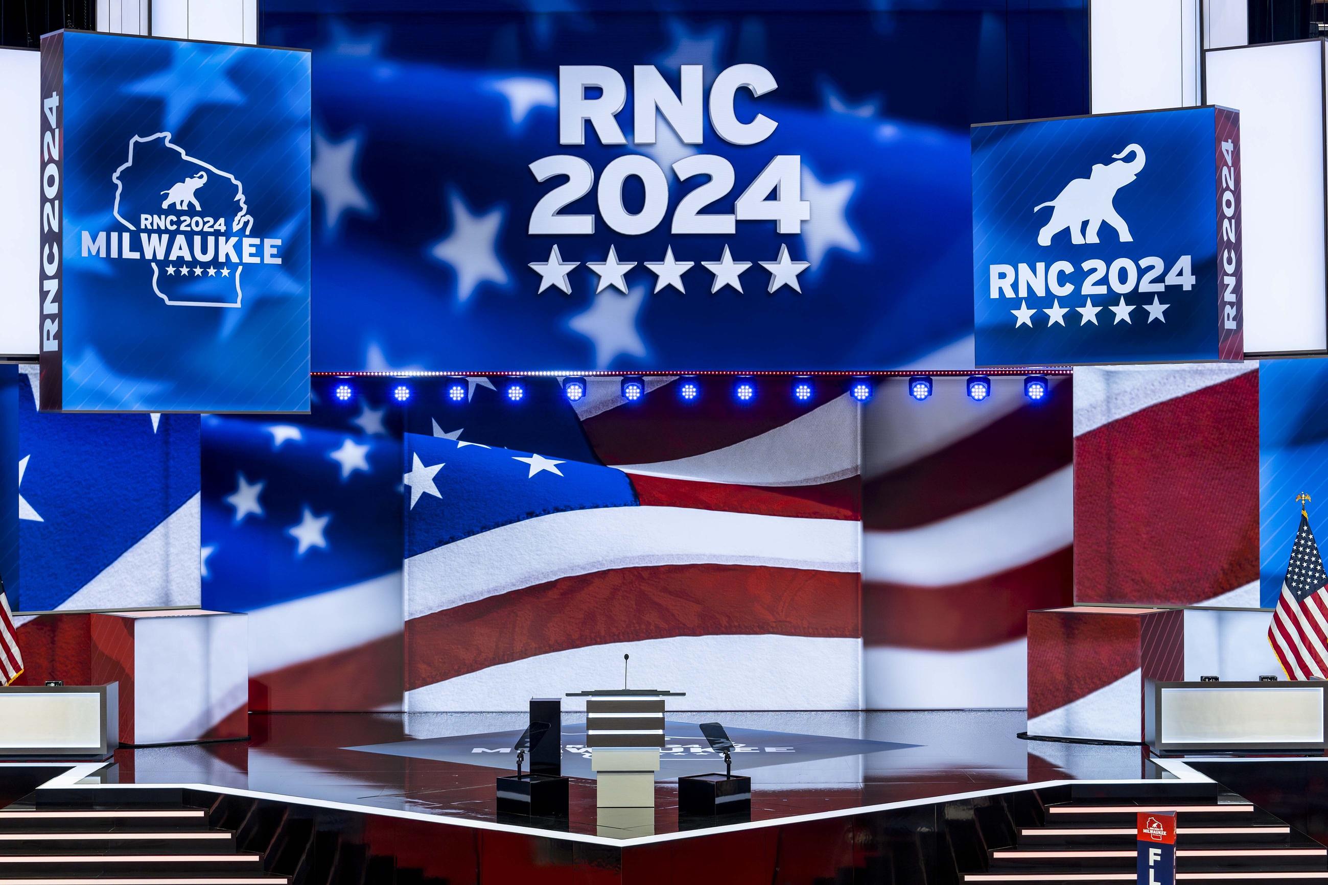 The stage at the Fiserv Forum ahead of the 2024 Republican National Convention (AP Photo/J. Scott Applewhite)