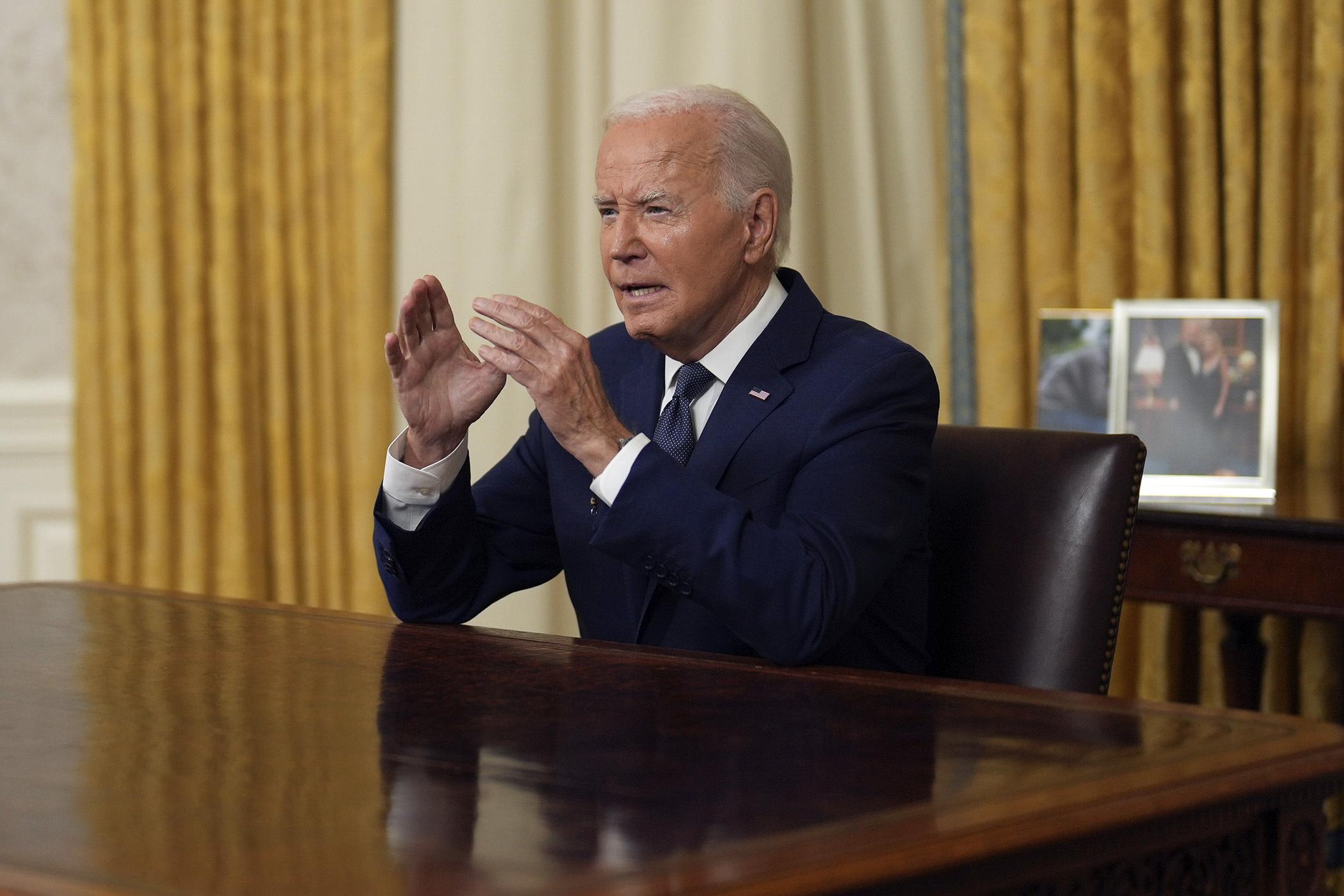 President Biden addresses the nation from the Oval Office of the White House Sunday (Erin Schaff/The New York Times via AP, Pool)