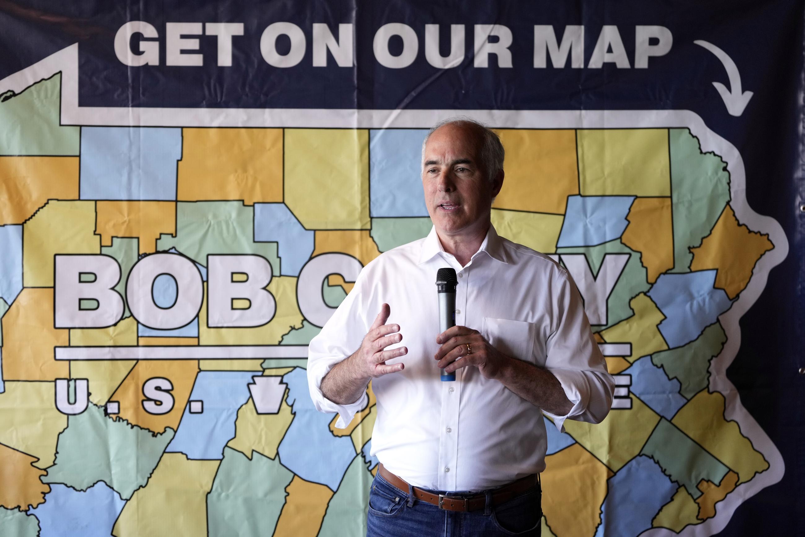 FILE - Sen. Bob Casey speaks during a campaign event, Monday, July 1, in Scranton, Pennsylvania. (AP Photo/Matt Slocum, File)