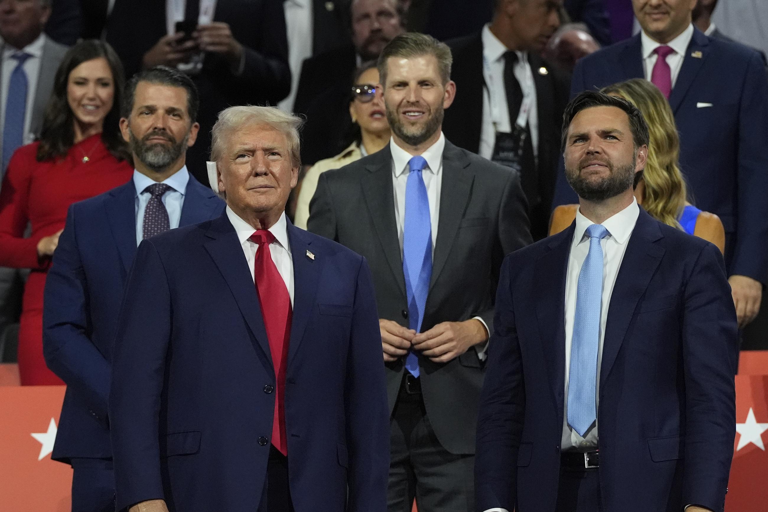 Republican presidential candidate former President Donald Trump appears with vice presidential candidate JD Vance, R-Ohio, during the Republican National Convention Monday, July 15, 2024, in Milwaukee. (AP Photo/Julia Nikhinson)
