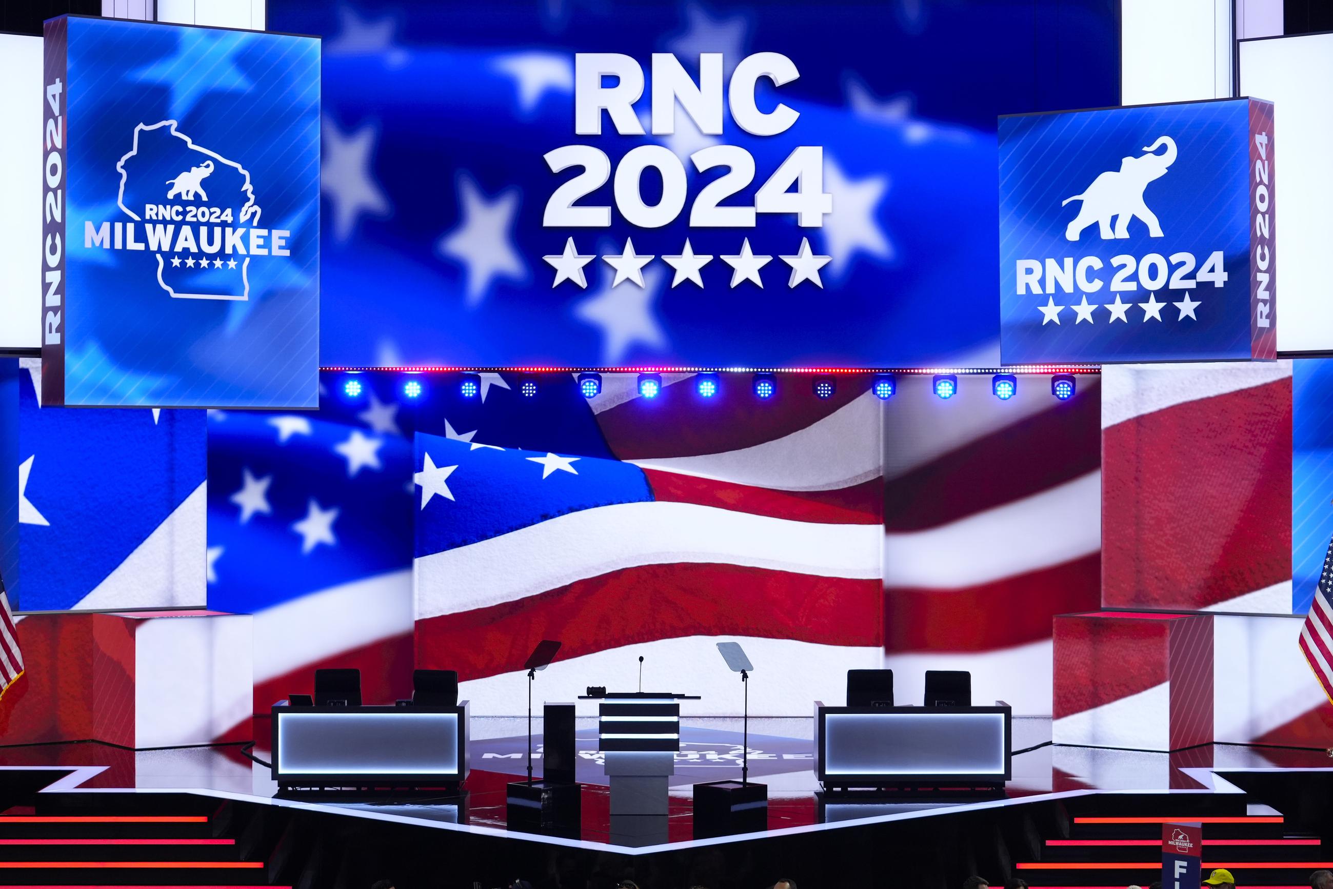 The stage at the Fiserv Forum is set for the Republican National Convention on Monday, July 15, 2024, in Milwaukee. (AP Photo/J. Scott Applewhite)
