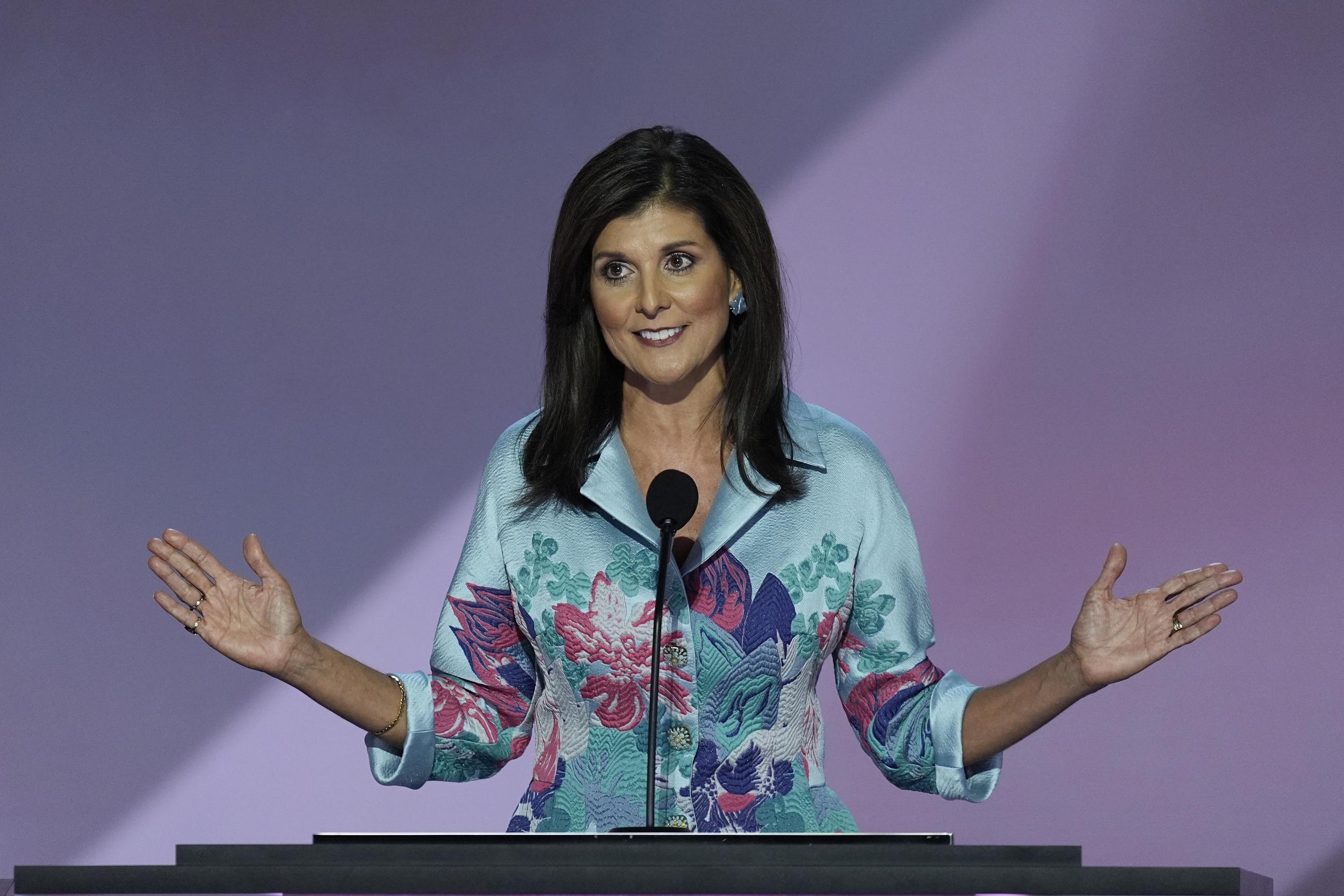 Former U.N. Ambassador Nikki Haley speaking on the second day of the Republican National Convention in Milwaukee. (AP Photo/J. Scott Applewhite)