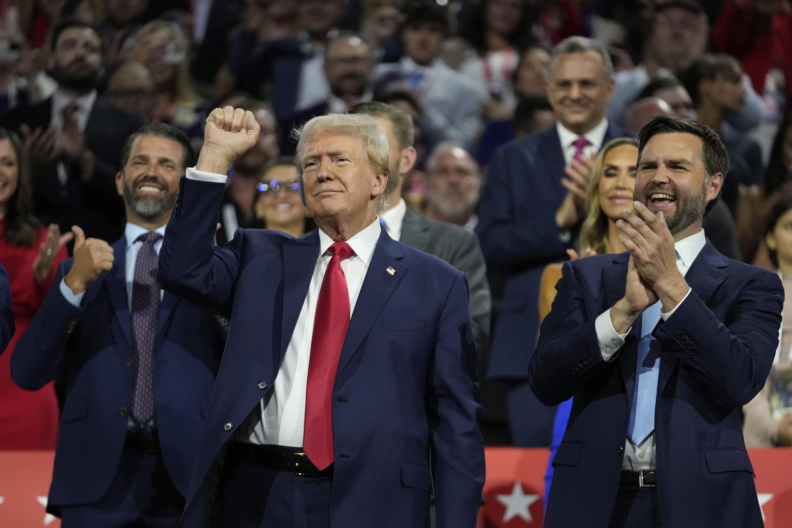 Republican presidential candidate former President Donald Trump appears with vice presidential candidate JD Vance, R-Ohio, during the Republican National Convention Monday, July 15, 2024, in Milwaukee. (AP Photo/Paul Sancya)