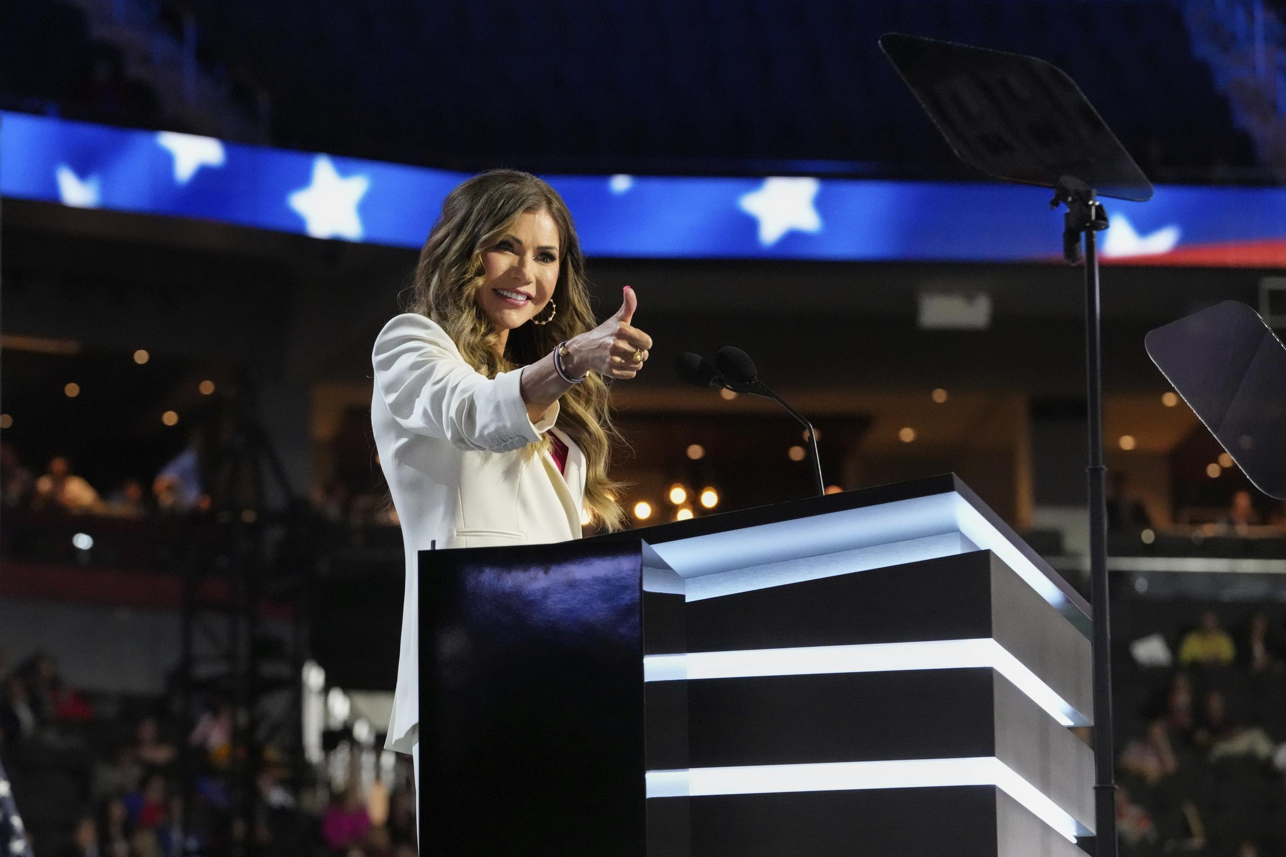 Gov. Kristi Noem speaks during the Republican National Convention Monday in Milwaukee. (AP Photo/Nam Y. Huh)
