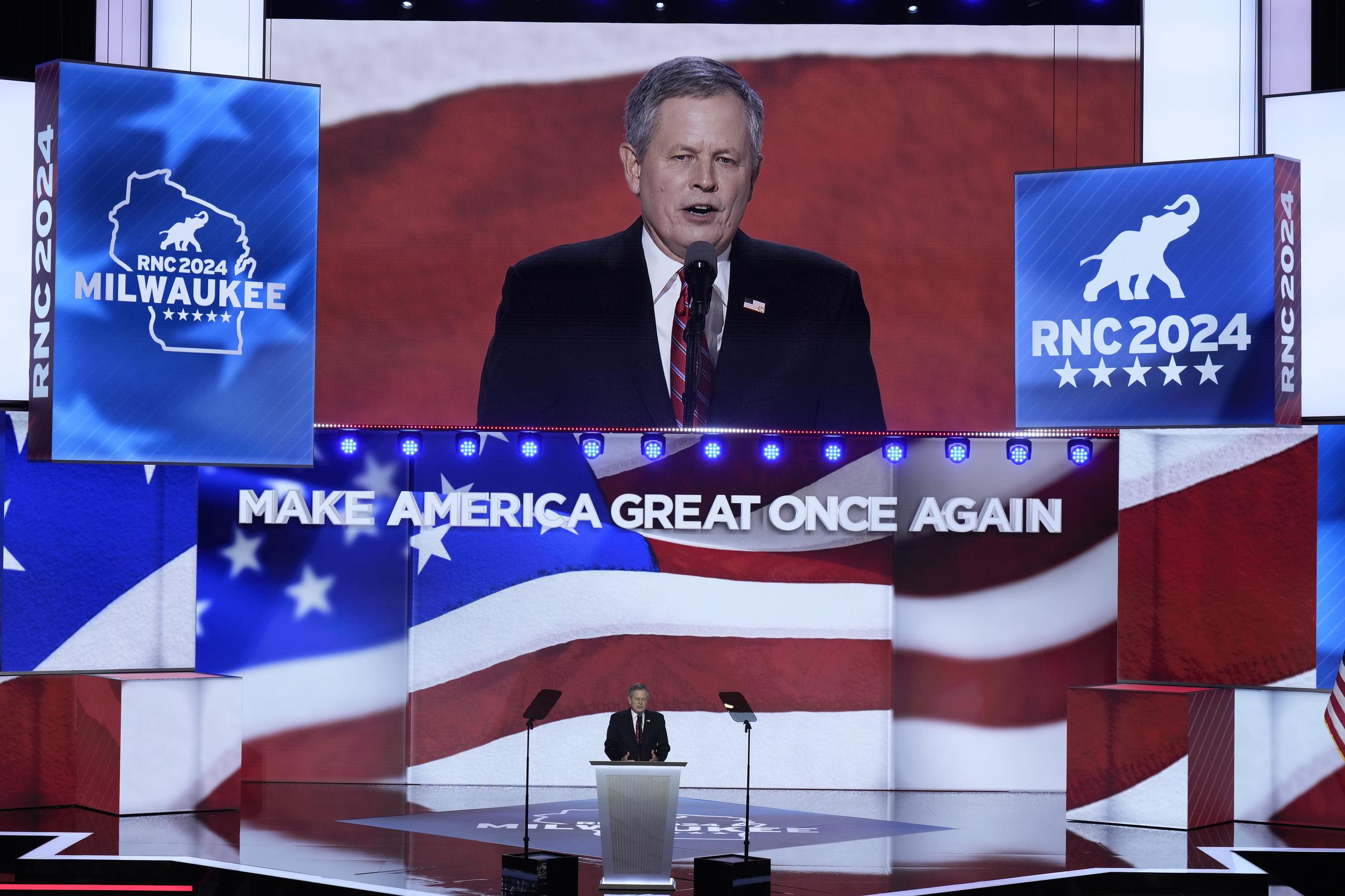 National Republican Senatorial Committee Chair Steve Daines speaking on the final night of the Republican National Convention in Milwaukee (AP Photo/J. Scott Applewhite)