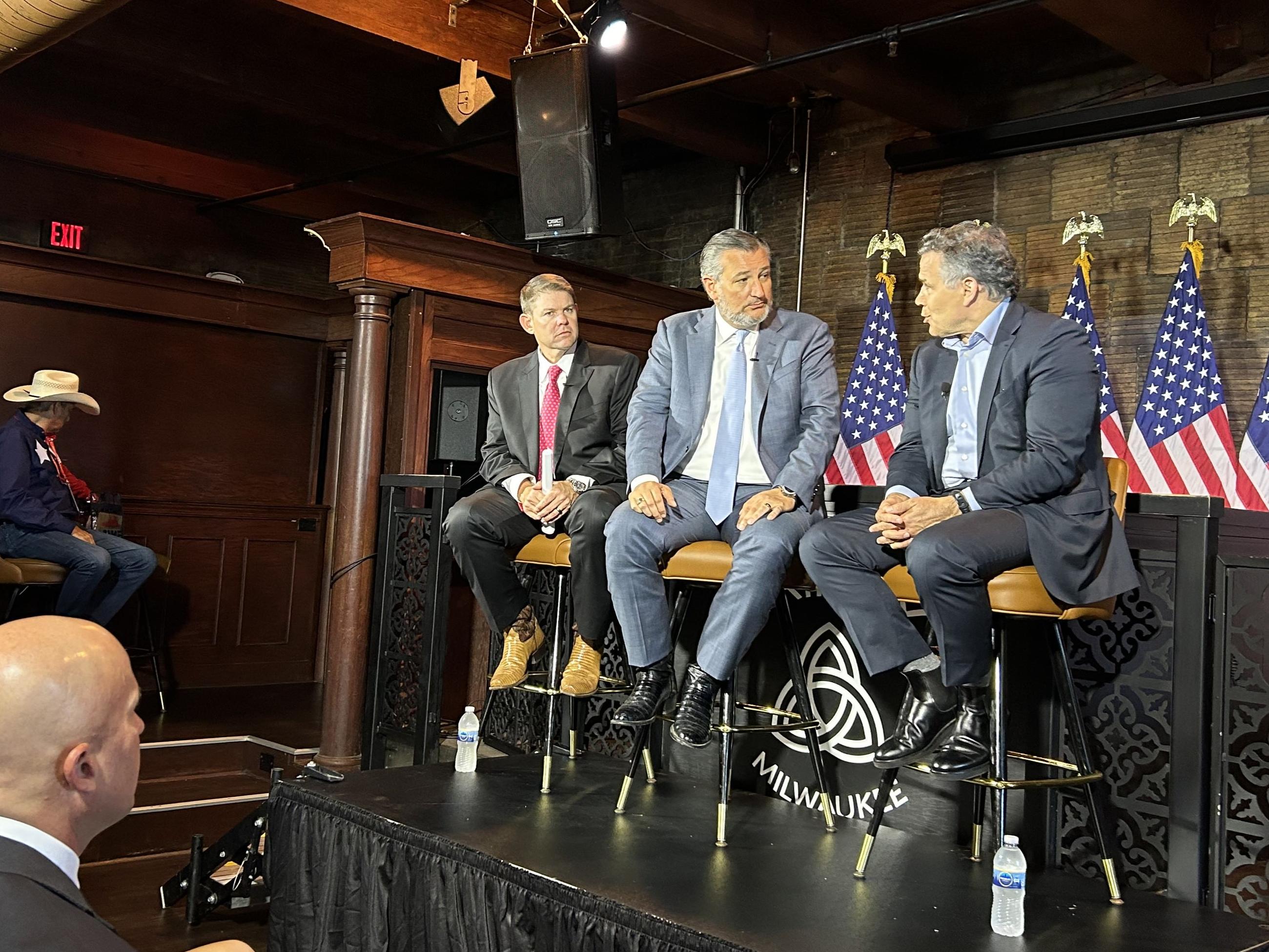 Sen. Ted Cruz sits with podcast co-host Ben Ferguson and Pennsylvania Senate candidate David McCormick.