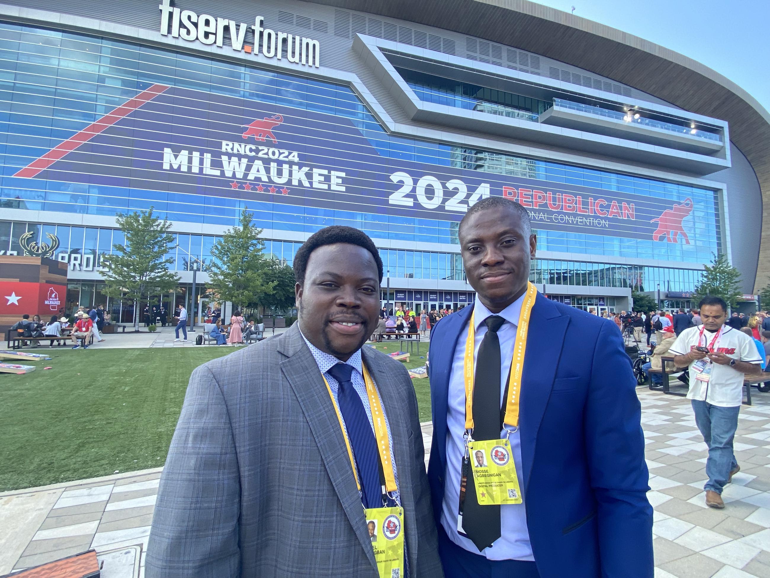 Daniel Houegban and Mosse Agbegnigan of Radio FM Liberte, a Chicago-based outlet that focuses on topics important to Africans, were among the scores of journalists at the Republican National Convention reporting for foreign audiences this week. (Ledyard King)