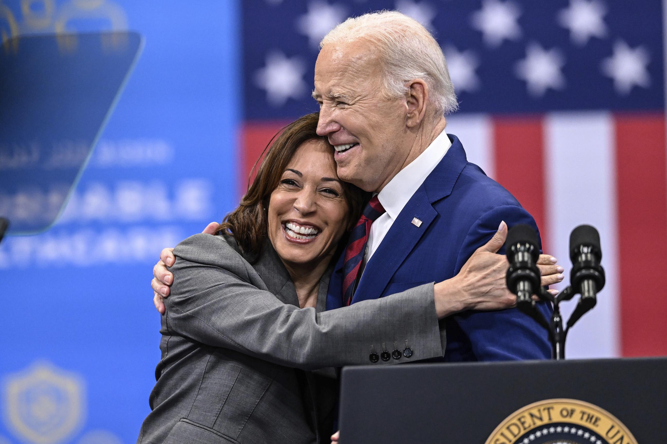 Vice President Kamala Harris embraces President Biden after a speech on health care in Raleigh, North Carolina, on March. 26. (AP Photo/Matt Kelley, File)
