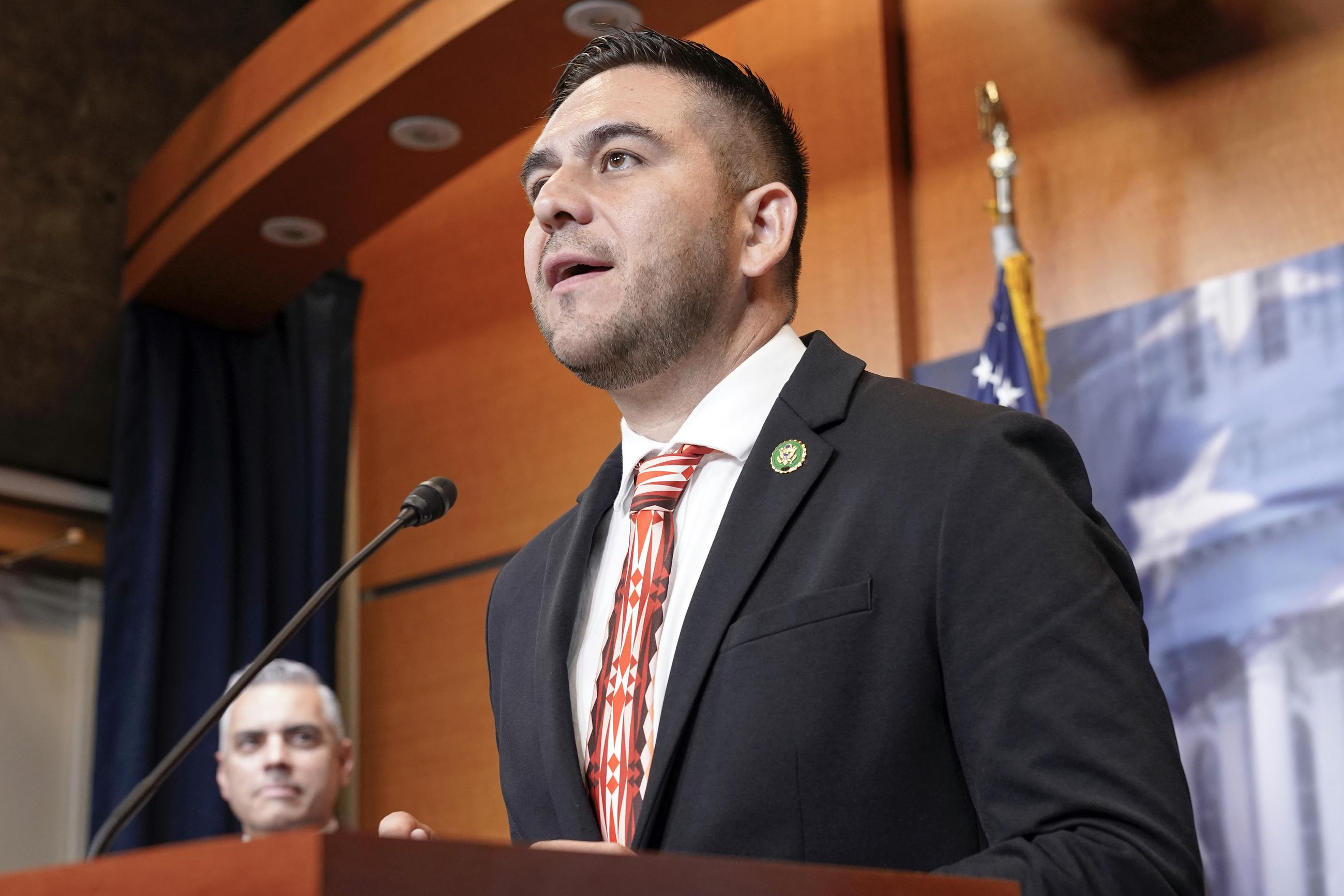 Rep. Gabe Vasquez, D-N.M., right, speaks as Rep. Juan Ciscomani, R-Ariz., left, listens during a news conference to announce the bipartisan Southwest Caucus, Thursday, June 15, 2023, on Capitol Hill in Washington. (AP Photo/Mariam Zuhaib)