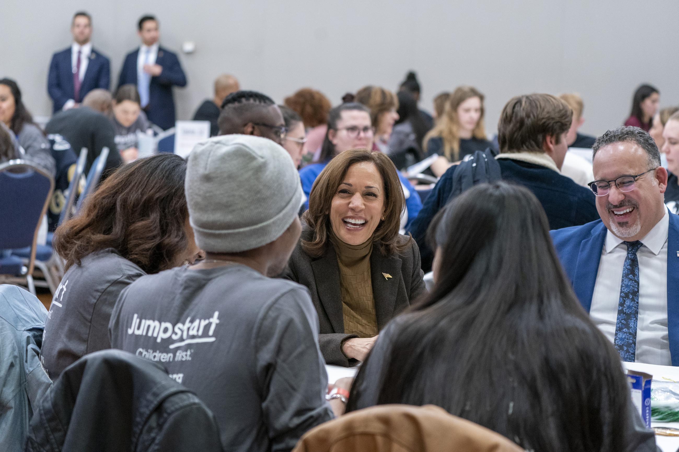 FILE - Vice President Kamala Harris, with Education Secretary Miguel Cardona, talking to students at George Washington University in Washington in January 2023 (AP Photo/Jacquelyn Martin, File)