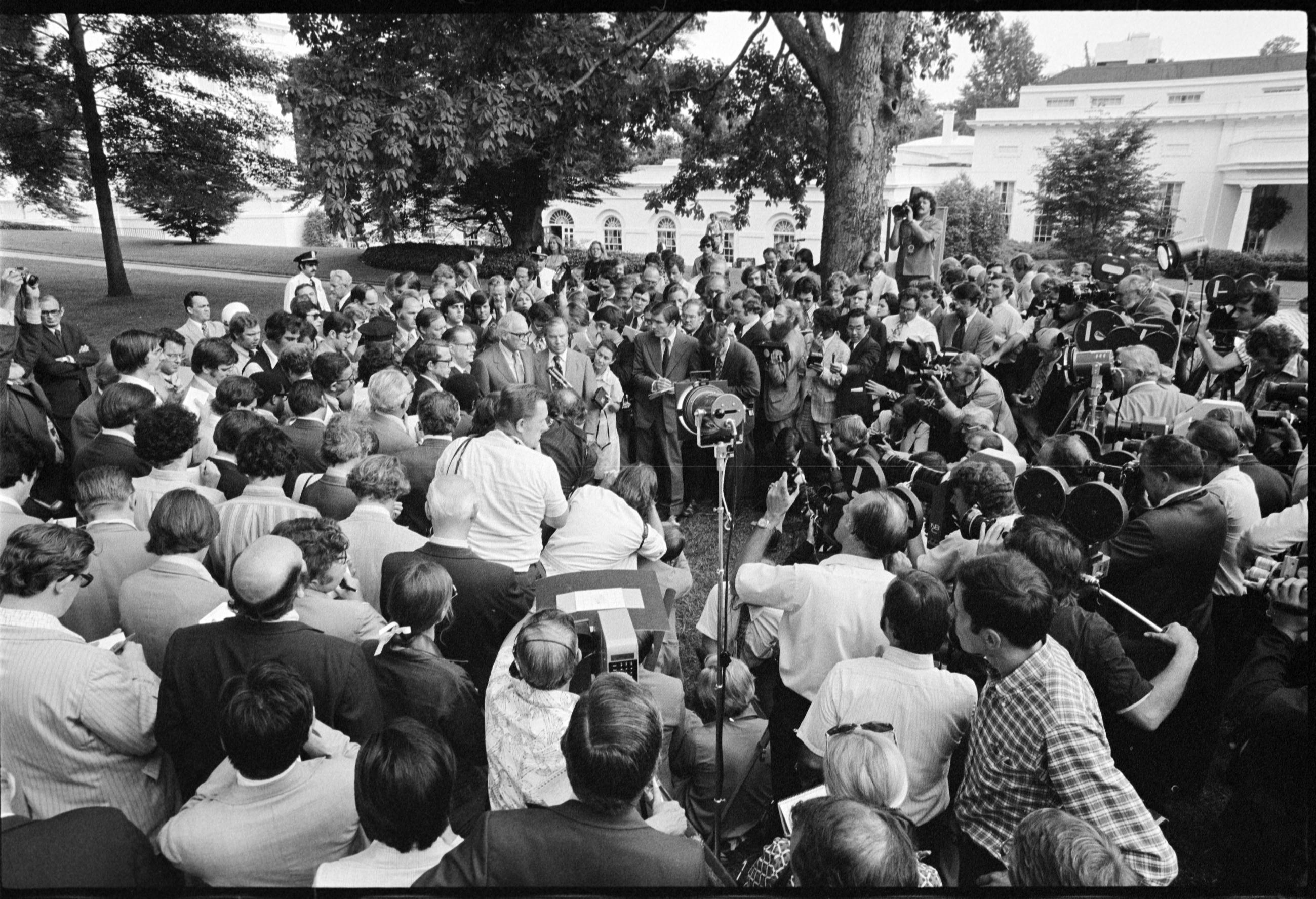 After meeting with President Nixon, Sen. Hugh Scott of Pennsylvania, Rep. John Rhodes of Arizona, and Sen. Barry Goldwater of Arizona discuss the implications of Watergate during a press conference on the north lawn of the White House on Aug. 7, 1974. (CREDIT: Richard Nixon Presidential Library/NARA, White House Photo Office #E3354-04A)