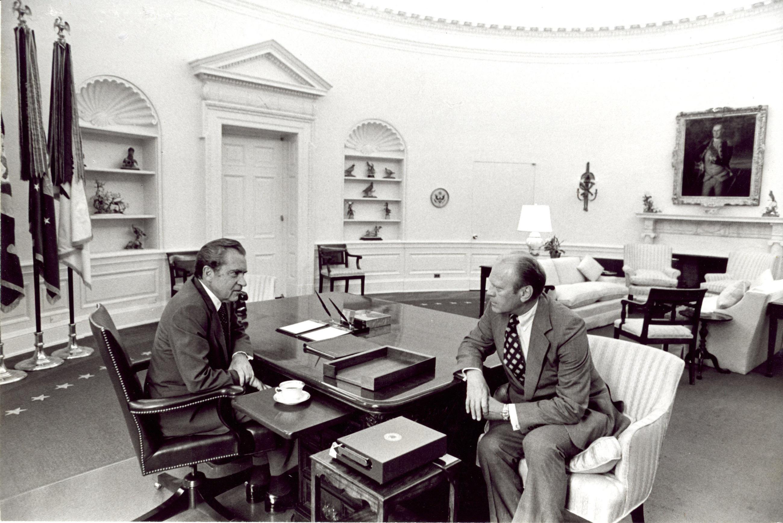 At 11 a.m. on Aug. 8, 1974, President Nixon met with Vice President Gerald Ford, an old friend since their days in the House of Representatives together in the late 1940s. They talked for over an hour and reminisced. Nixon emphatically urged Ford to keep Henry Kissinger as secretary of State. (CREDIT: Richard Nixon Presidential Library/NARA, White House Photo Office l#E3363-06)
