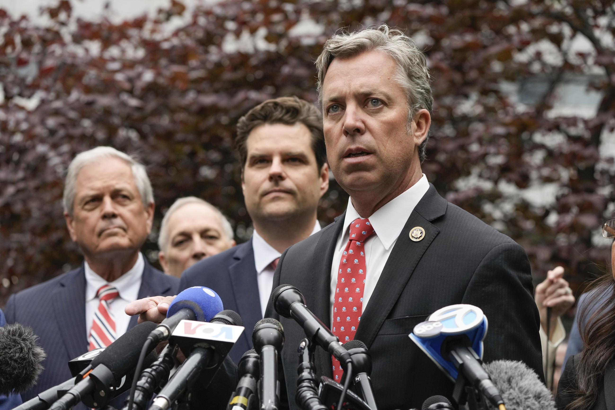 FILE - U.S. Rep. Andy Ogles, R-TN., speaks during a news conference near Manhattan Criminal Court during the trial of former President Donald Trump on May 16, 2024, in New York. Ogles will face off against Nashville Metro Council member Courtney Johnston in the Republican primary Aug. 1. (AP Photo/Frank Franklin II, File)