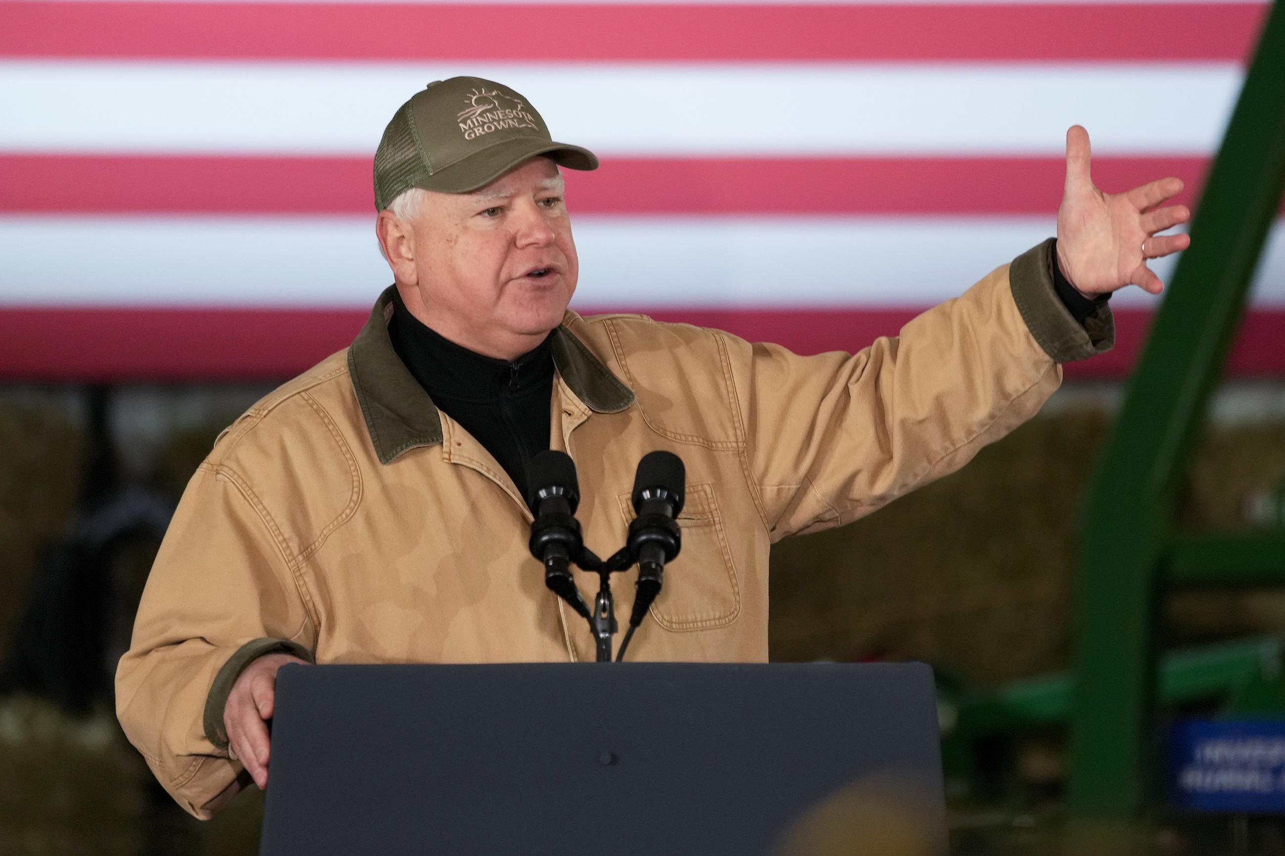Minnesota Gov. Tim Walz speaks before President Biden at Dutch Creek Farms, Nov. 1, 2023, in Northfield, Minnesota. (AP Photo/Abbie Parr, File)