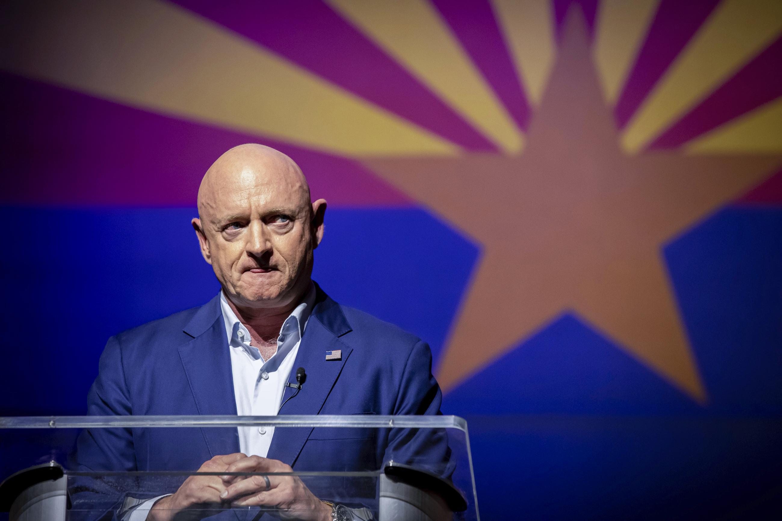 Sen. Mark Kelly addresses supporters at an election night event in Tucson, Arizona, Tuesday, Nov. 8, 2022.(AP Photo/Alberto Mariani)