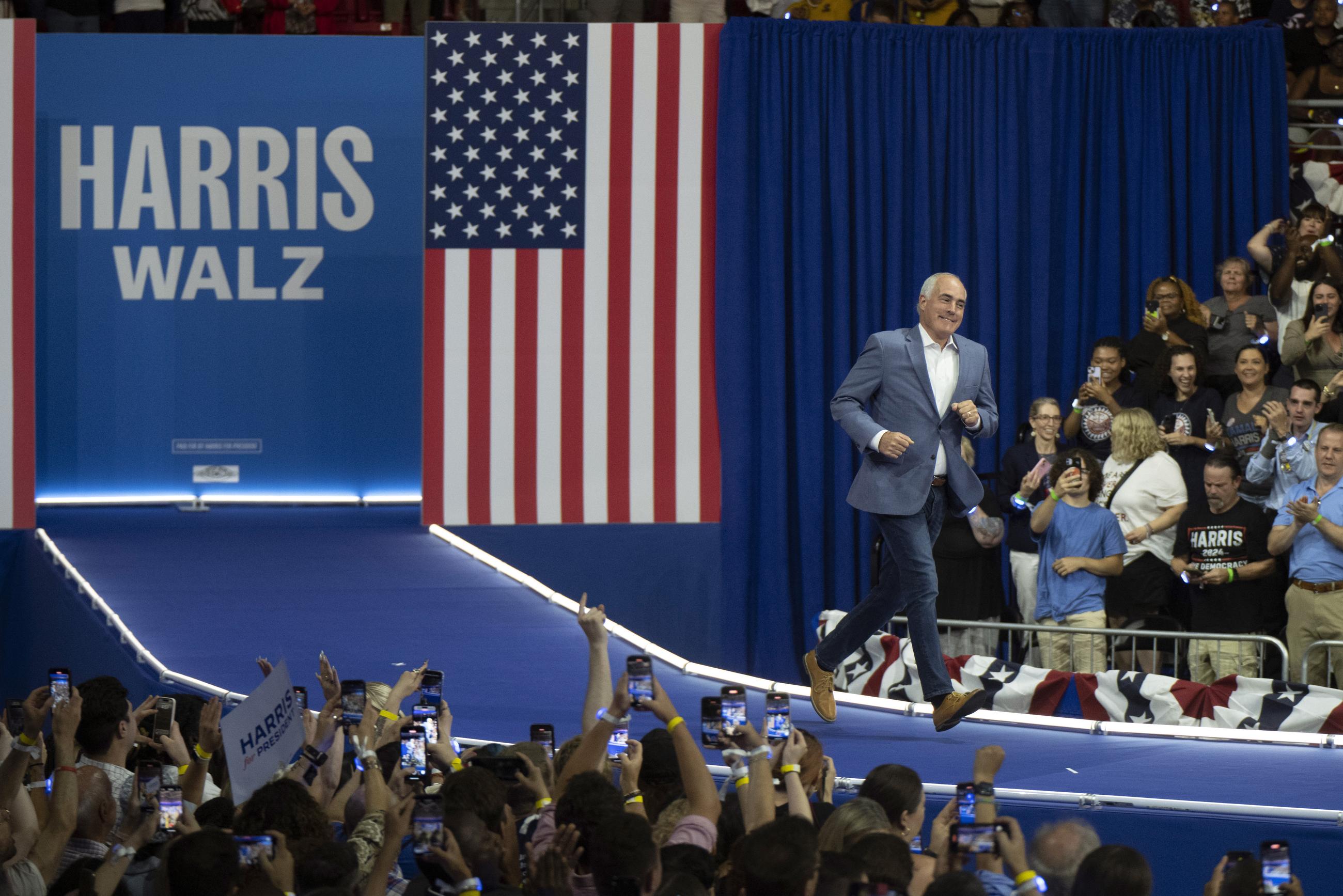Sen. Bob Casey arrives to speak before Vice President Kamala Harris and Minnesota Gov. Tim Walz arrive at a campaign rally in Philadelphia, Tuesday, Aug. 6, 2024. (AP Photo/Joe Lamberti)