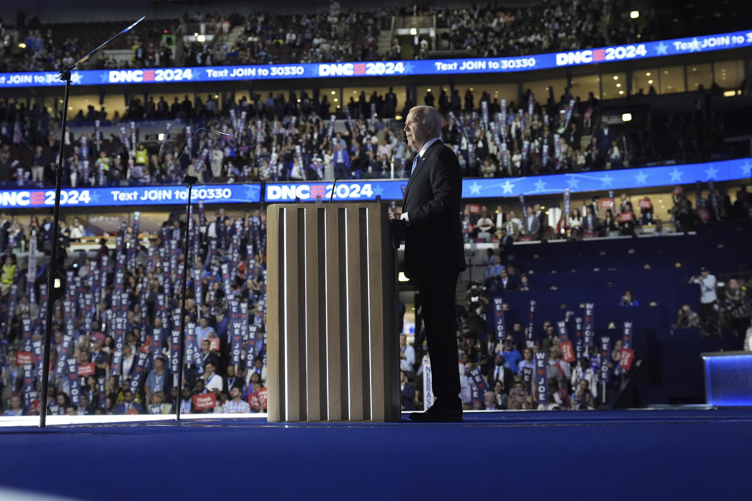 President Biden delivers the keynote address at the Democratic National Convention in Chicago on Monday. (AP Photo/Stephanie Scarbrough)