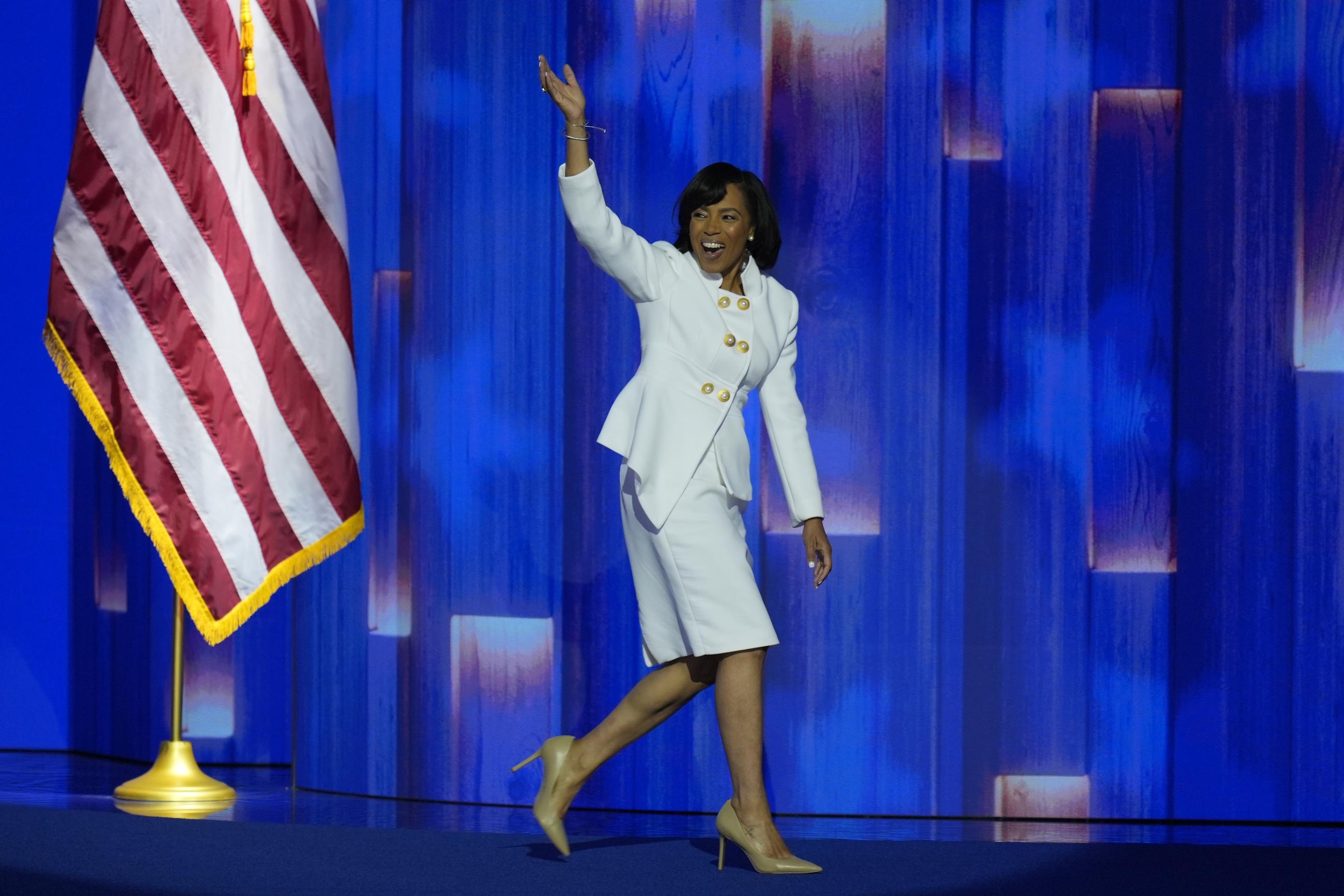 Angela Alsobrooks, the Democratic nominee for the U.S. Senate in Maryland, waving to supporters before speaking at the Democratic National Convention on Tuesday (AP Photo/J. Scott Applewhite)