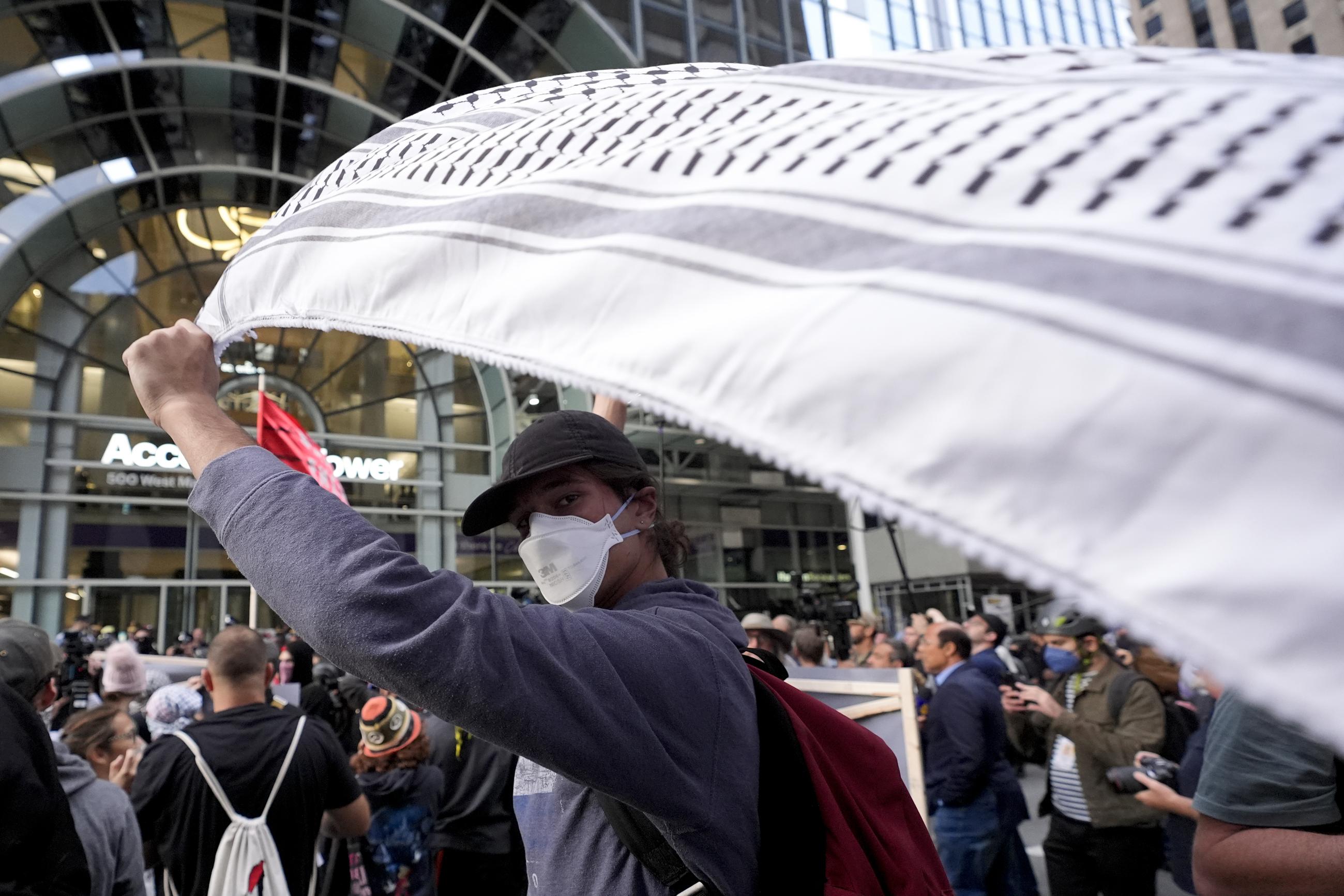 Protesters near the Israeli Consulate in Chicago during the Democratic National Convention on Tuesday (AP Photo/Alex Brandon)