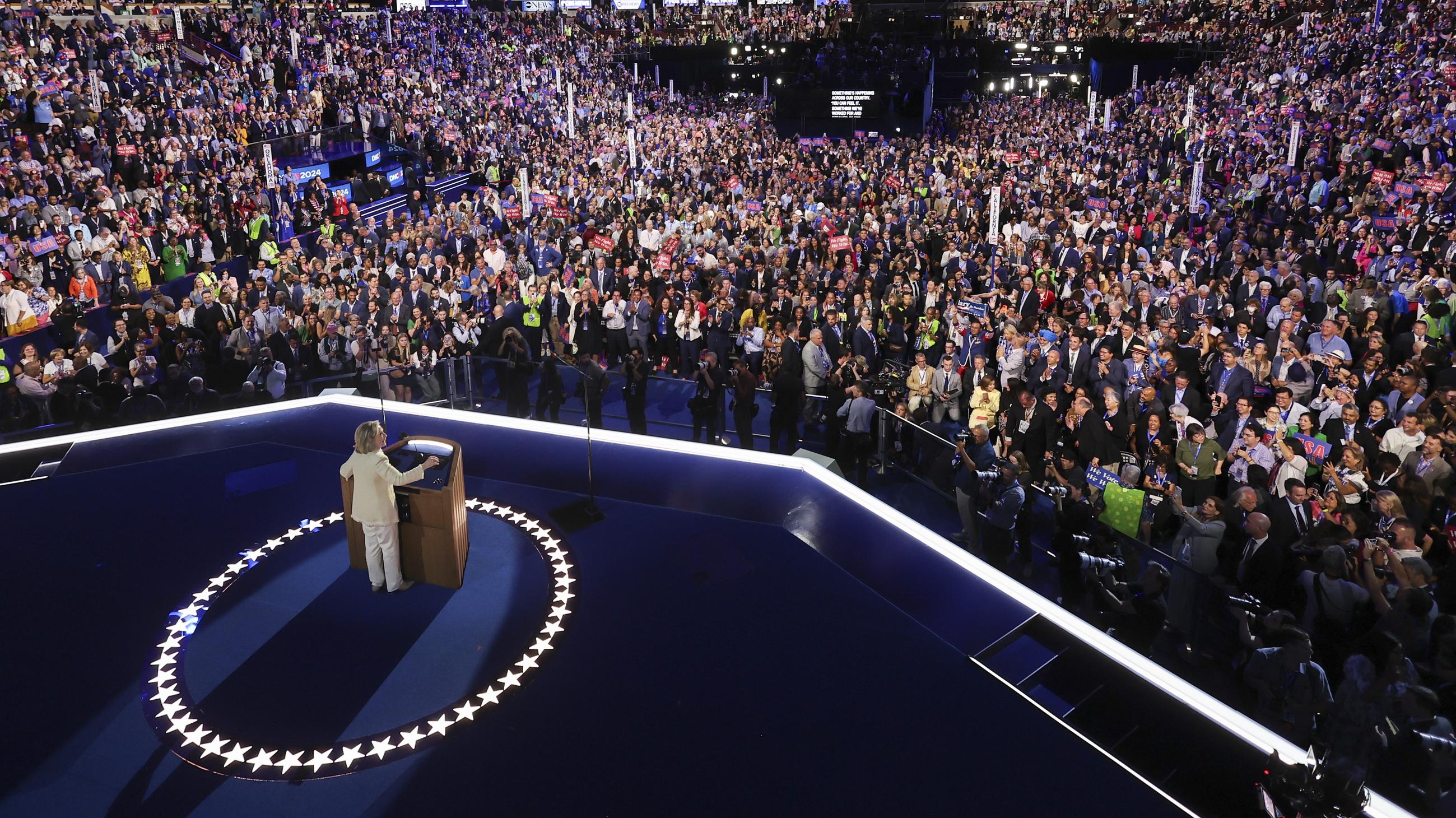 Hillary Rodham Clinton speaking at the Democratic National Convention on Monday (Mike Segar/Pool via AP)