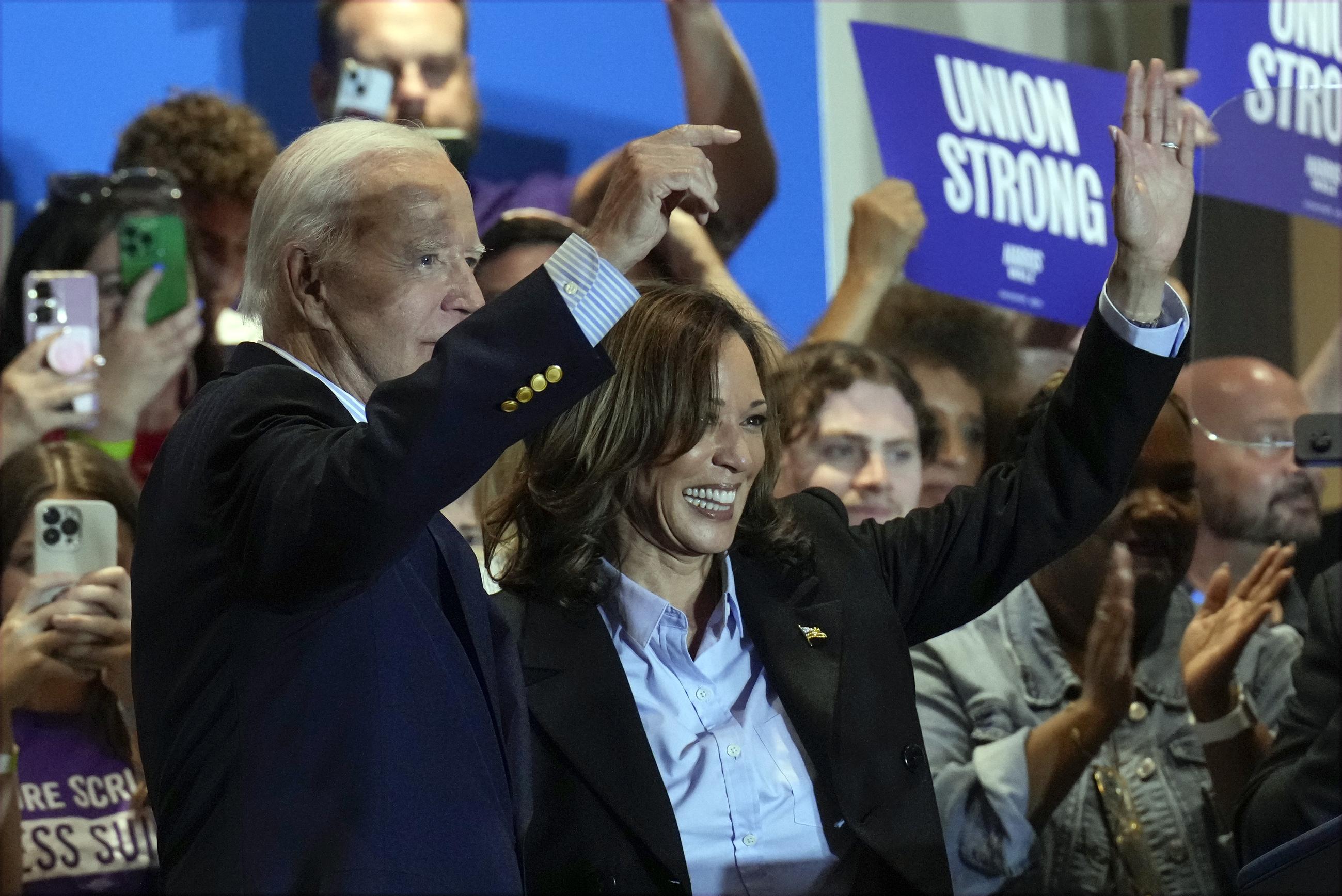 Vice President Kamala Harris campaigns with President Biden at the IBEW Local Union #5 union hall in Pittsburgh on Labor Day. (AP Photo/Jacquelyn Martin)