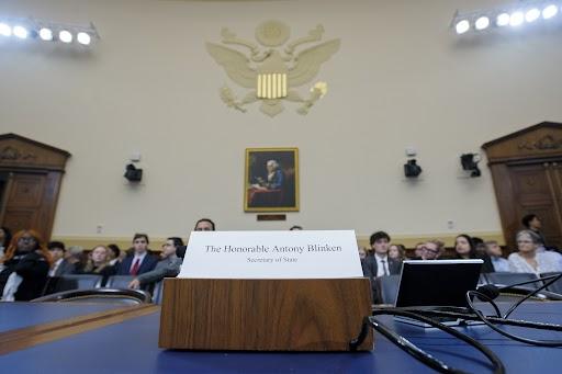 The chair reserved for Secretary of State Antony Blinken is vacant prior to a House Foreign Affairs Committee hearing on Tuesday. (AP Photo/Rod Lamkey, Jr.)
