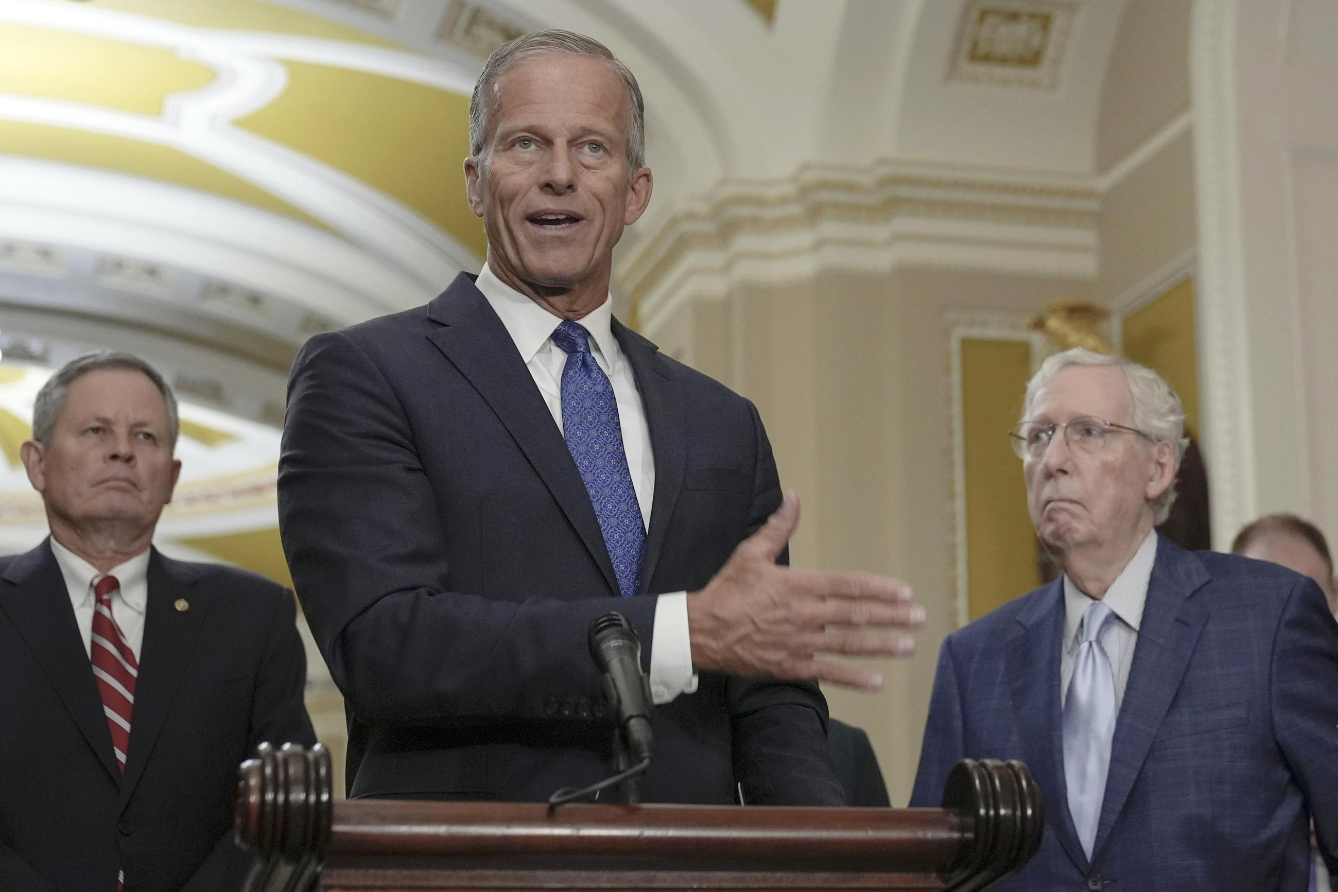 Senate Minority Whip John Thune (center), with National Republican Senatorial Committee Chair Steve Daines and Minority Leader Mitch McConnell (AP Photo/Mariam Zuhaib)