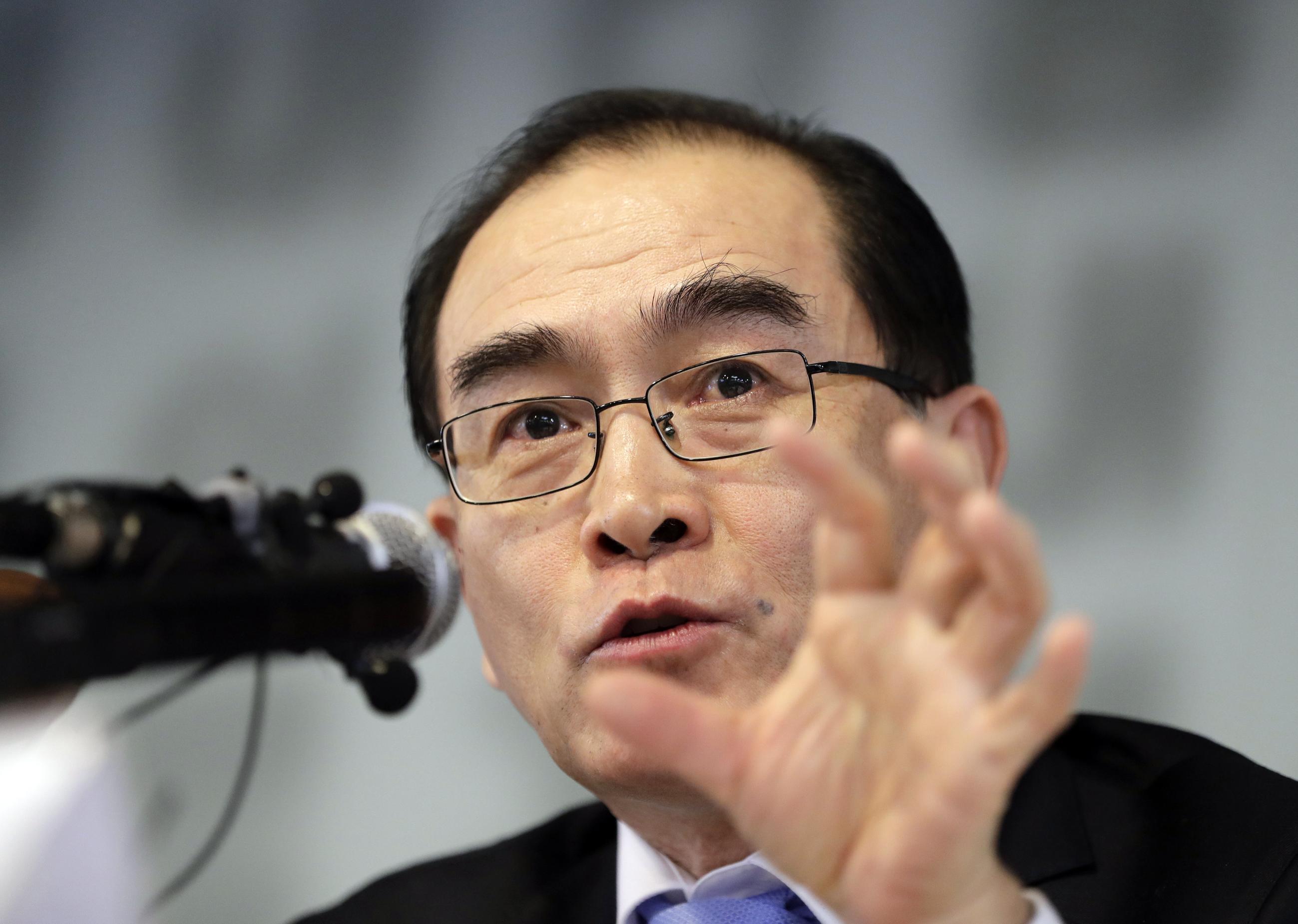 FILE - Tae Yong-ho, a former minister of the North Korean Embassy in London who fled to South Korea in 2016, speaks to the media in Seoul in 2019. (AP Photo/Lee Jin-man, File)