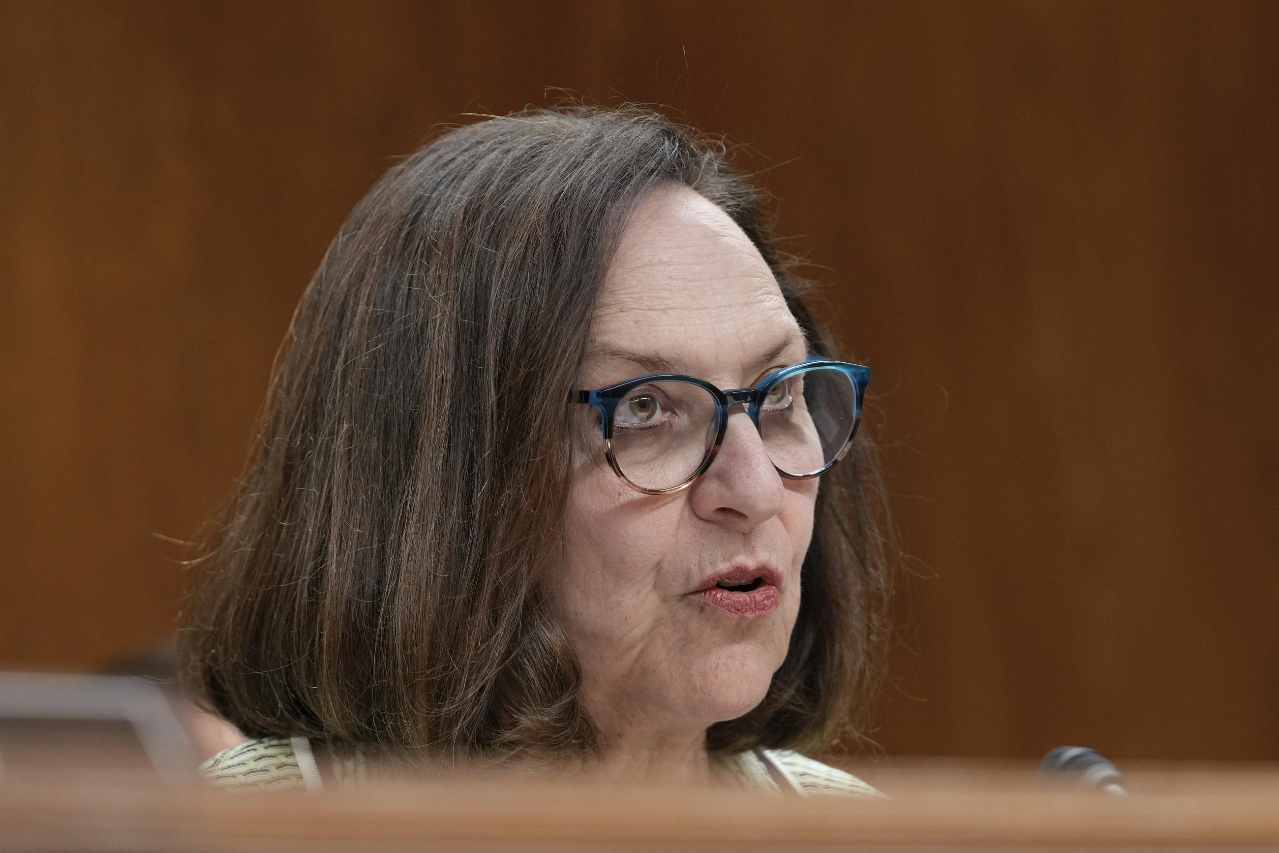 Sen. Deb Fischer, R-Neb., asks a question during a Senate Appropriations Subcommittee on Legislative Branch hearing to examine proposed budget estimates and justification for fiscal year 2024 for the Sergeant at Arms and Doorkeeper of the Senate and the United States Capitol Police, Tuesday, April 25, 2023, on Capitol Hill in Washington. (AP Photo/Mariam Zuhaib)