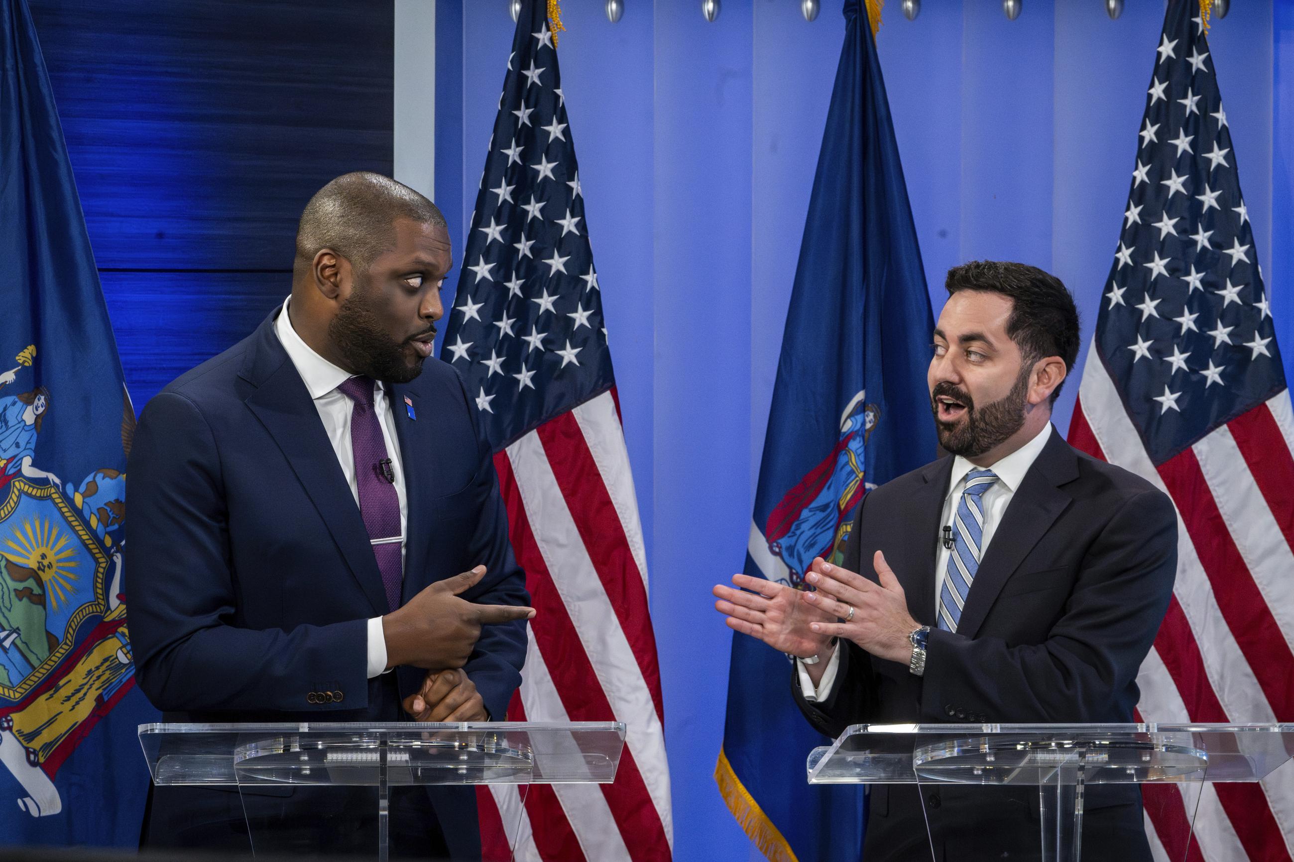 Former Rep. Mondaire Jones and Rep. Mike Lawler participating in a debate in Westchester, New York, on Oct. 16 (AP Photo/Brittainy Newman)