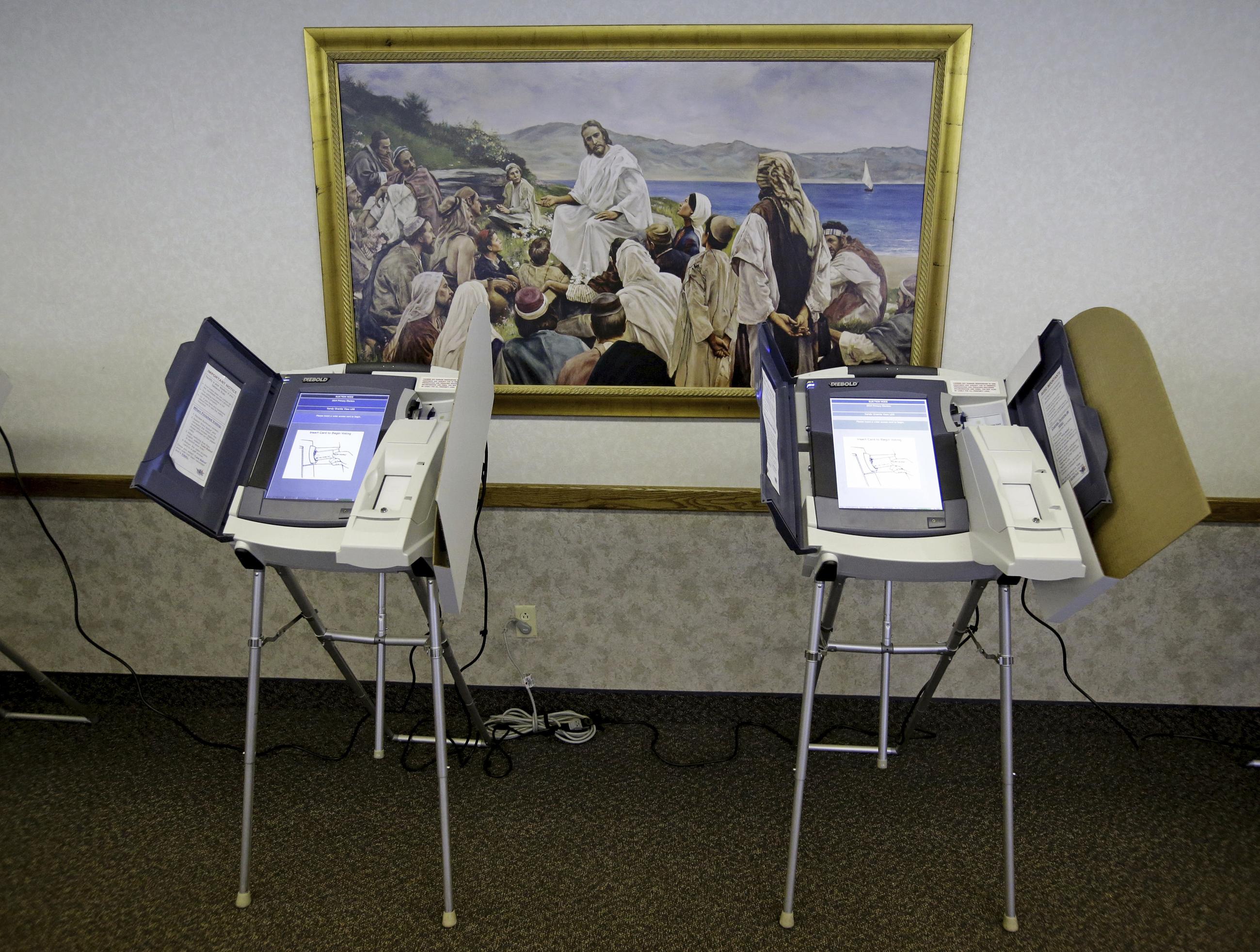 Polling station at the Sandy Granite View Church of Jesus Christ of Latter-Day Saints in Sandy, Utah, in 2014 (AP Photo/Rick Bowmer, File)