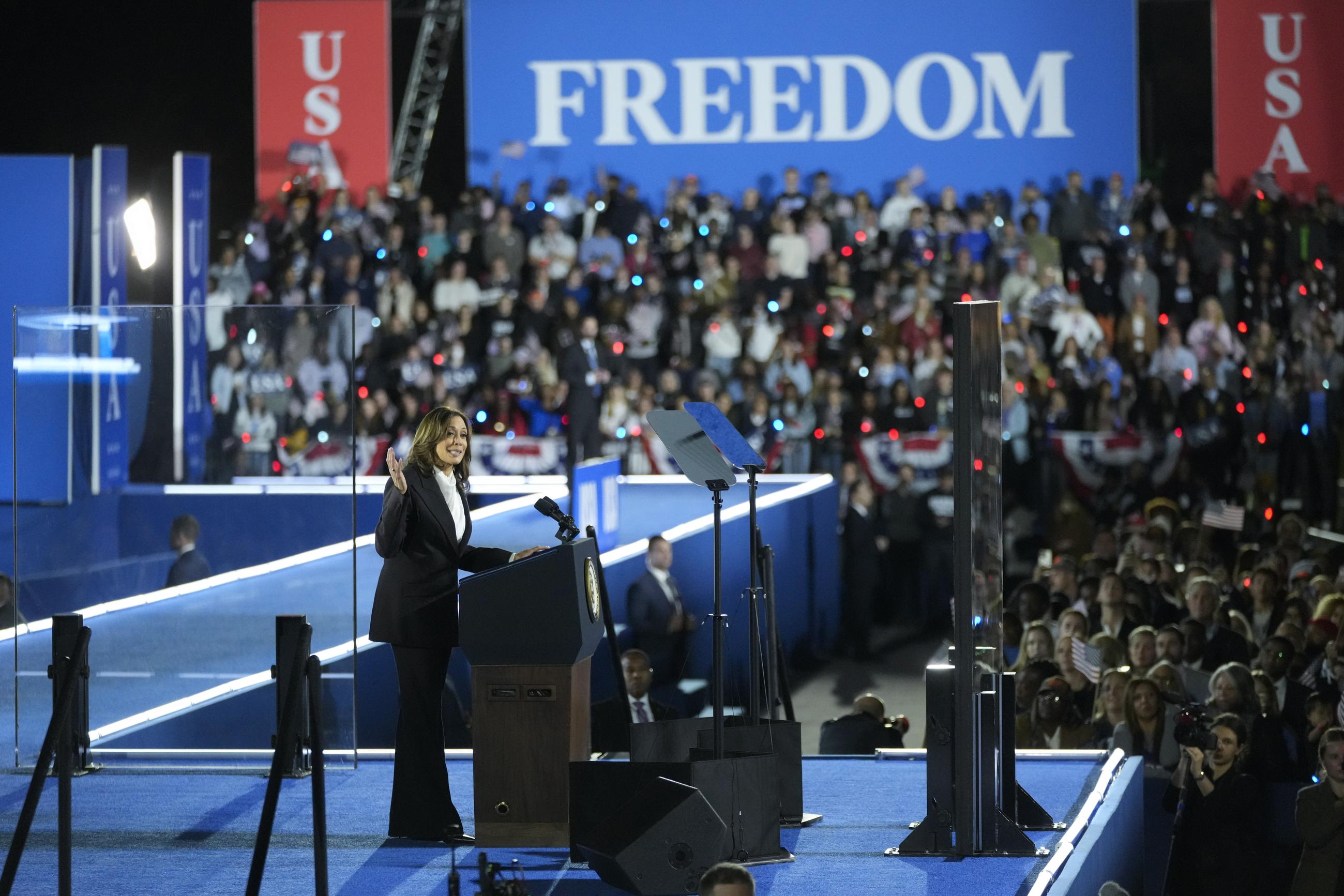 Vice President Kamala Harris speaks durning a campaign rally in D.C. Tuesday. (AP Photo/Ben Curtis)