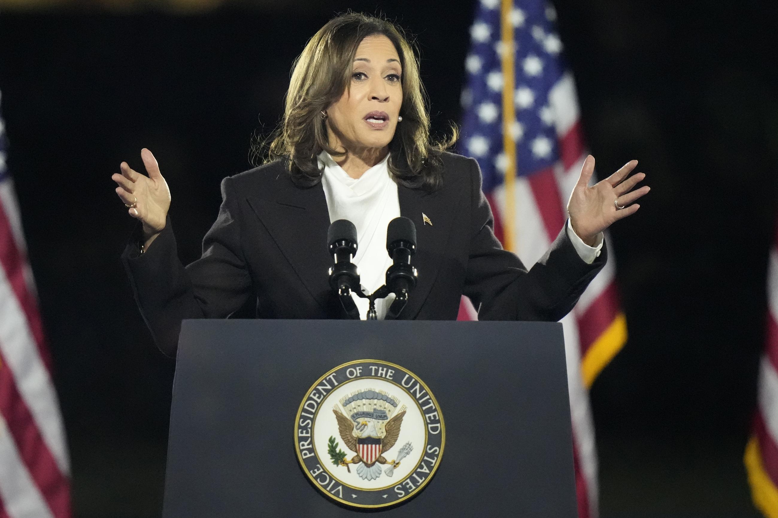 Vice President Kamala Harris delivers remarks during a campaign event at the Ellipse near the White House in Washington Tuesday. (AP Photo/Stephanie Scarbrough)