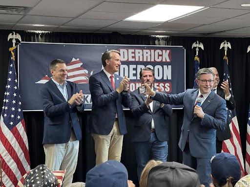 SPOTSYLVANIA, Va.— Speaker Mike Johnson takes a selfie with (from left to right) National Republican Congressional Committee Chair Richard Hudson, Virginia Gov. Glenn Youngkin, and 7th District GOP Candidate Derrick Anderson at a rally for Anderson Monday. (Photo: Casey Wooten)
