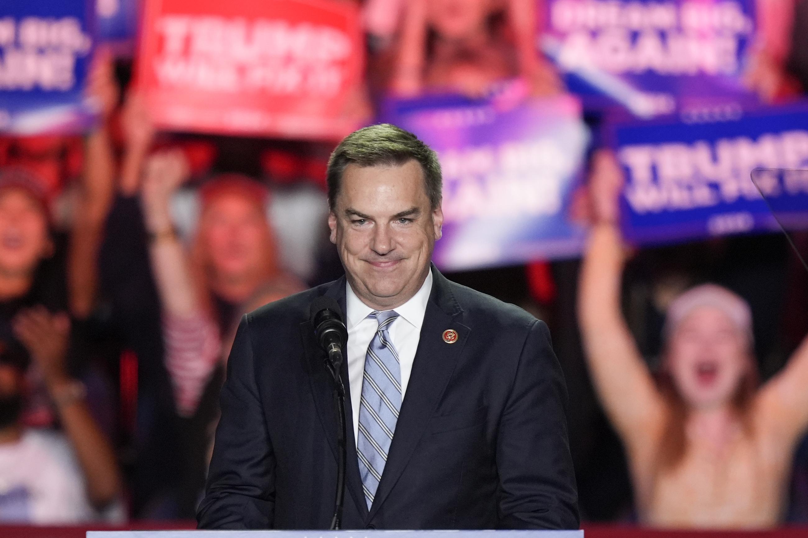 Rep. Richard Hudson, R-N.C., speaks before Republican presidential nominee former President Donald Trump arrives to speak at a campaign rally at First Horizon Coliseum, Saturday, Nov. 2, 2024, in Greensboro, NC. (AP Photo/Alex Brandon)