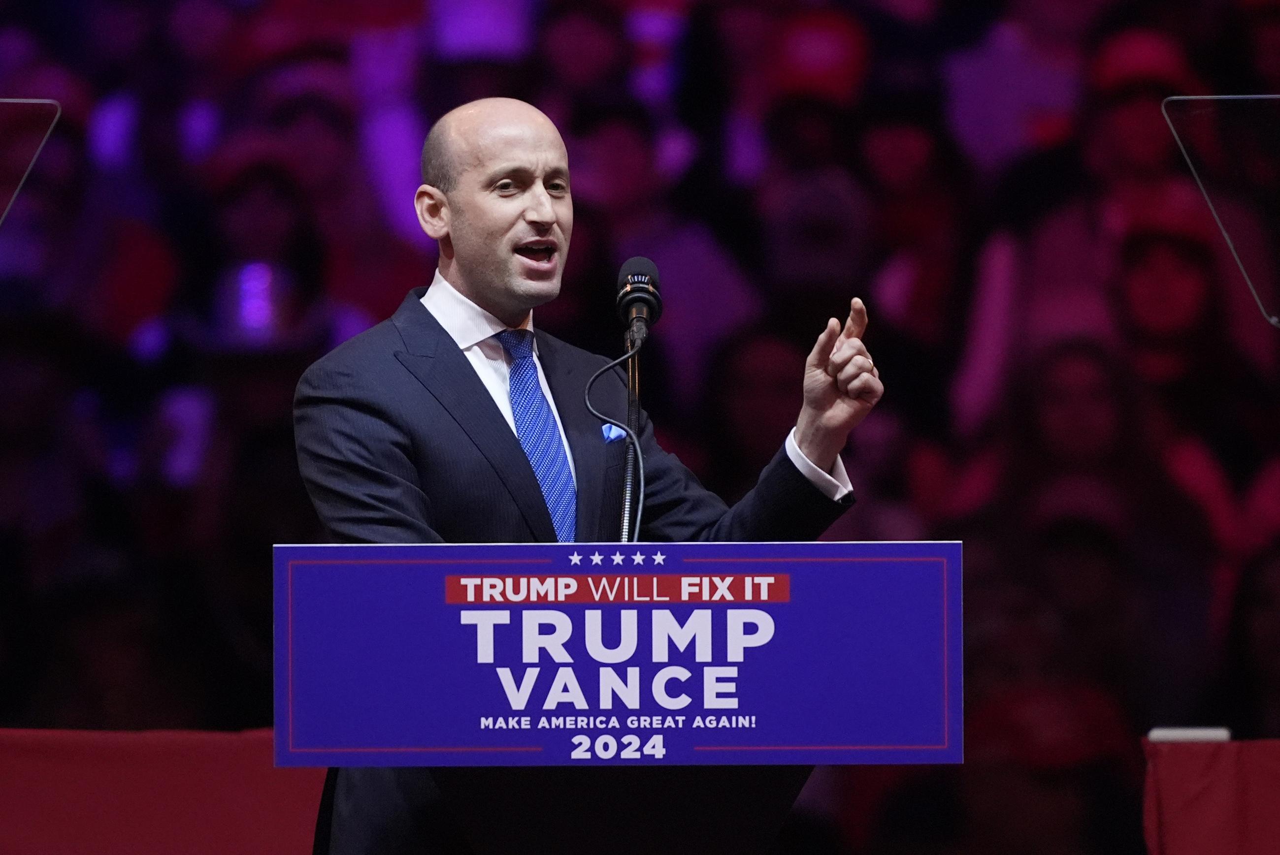 Stephen Miller speaking at a Donald Trump campaign rally at Madison Square Garden in New York on Oct. 27 (AP Photo/Evan Vucci)