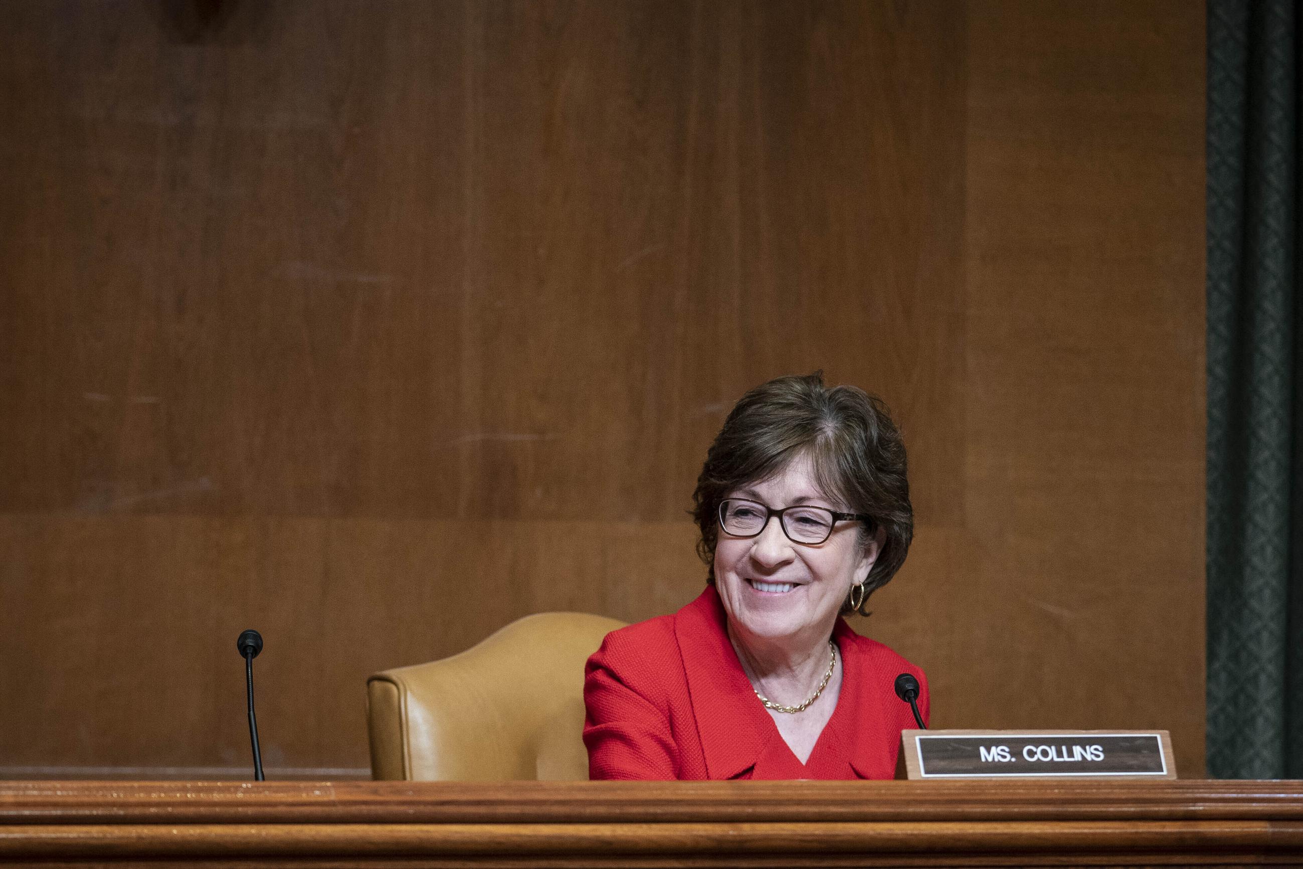 Sen. Susan Collins, R-Maine, speaks during a Senate Appropriations subcommittee on Commerce, Justice, Science, and Related Agencies hearing on the proposed budget for fiscal year 2022 for the Office of the U.S. Trade Representative on Capitol Hill on Wednesday, April 28, 2021, in Washington. (Sarah Silbiger/Pool via AP)
