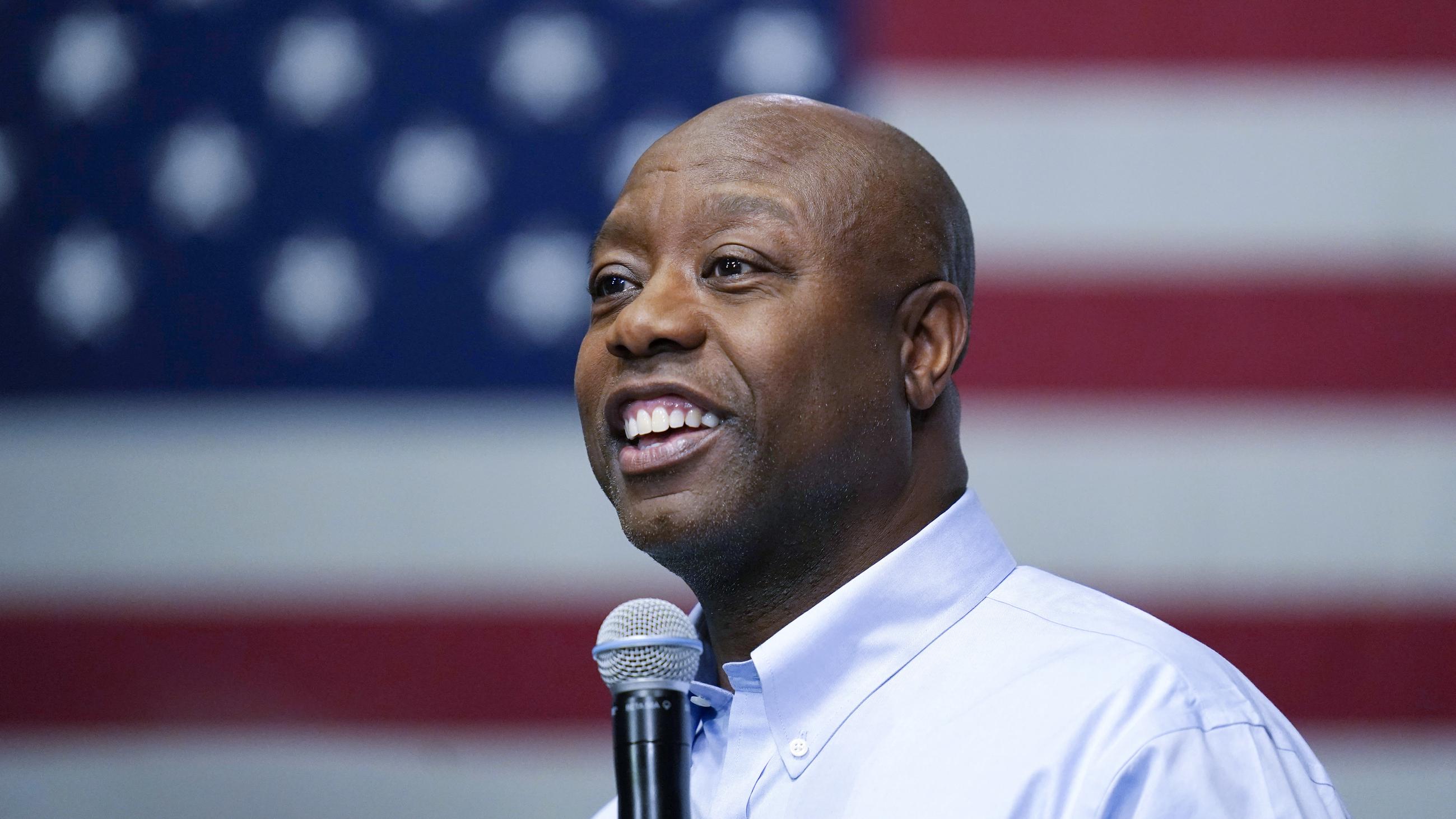 FILE - Sen. Tim Scott, R-S.C., speaks during a town hall, Monday, May 8, 2023, in Manchester, N.H. Scott filed paperwork with the Federal Election Commission declaring his intention to seek his party's nomination in 2024. (AP Photo/Charles Krupa, File)