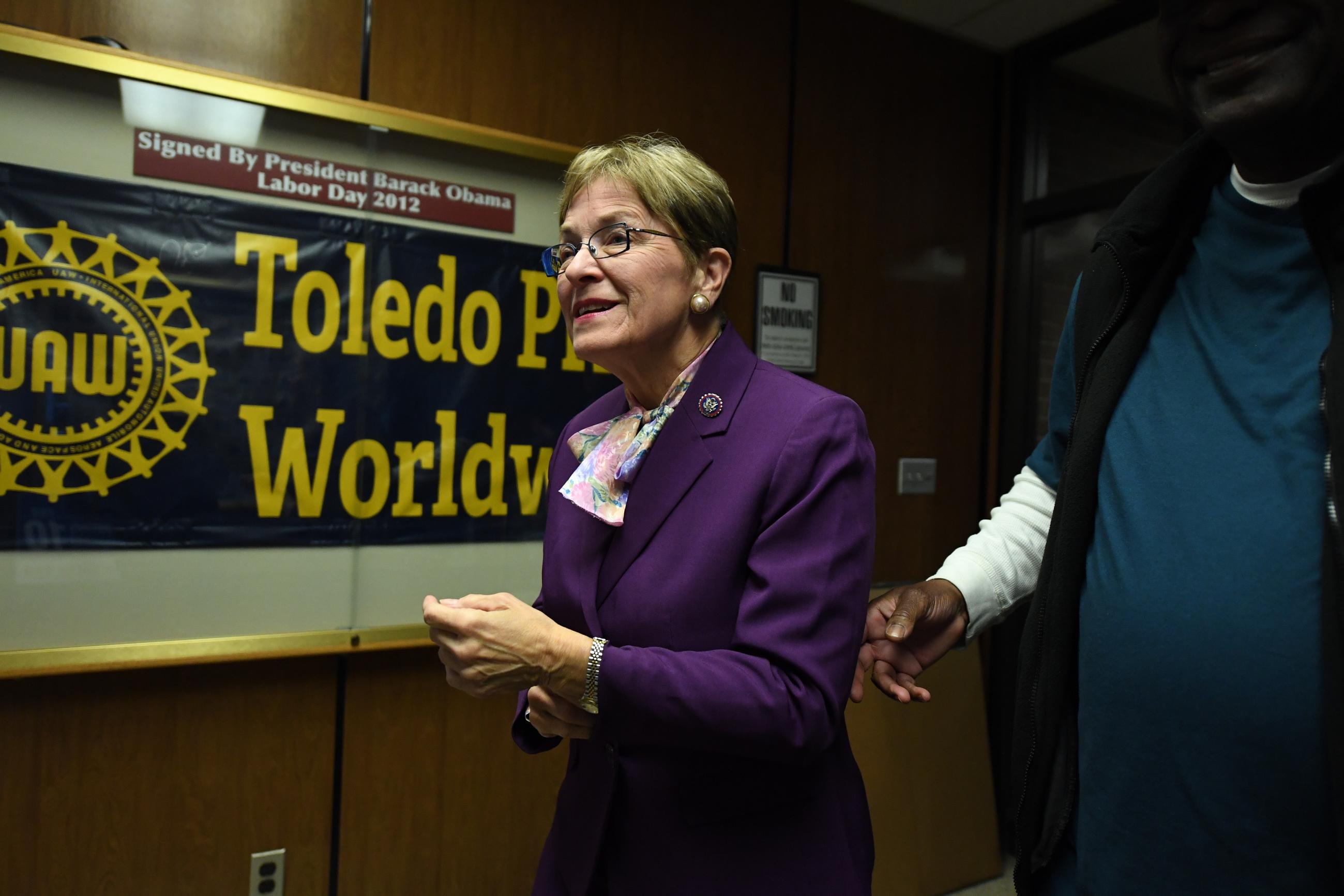 Rep. Marcy Kaptur, D-Ohio, enters the building at her election night watch party, Tuesday, Nov. 8, 2022, in Toledo, Ohio. (AP Photo/David Dermer)