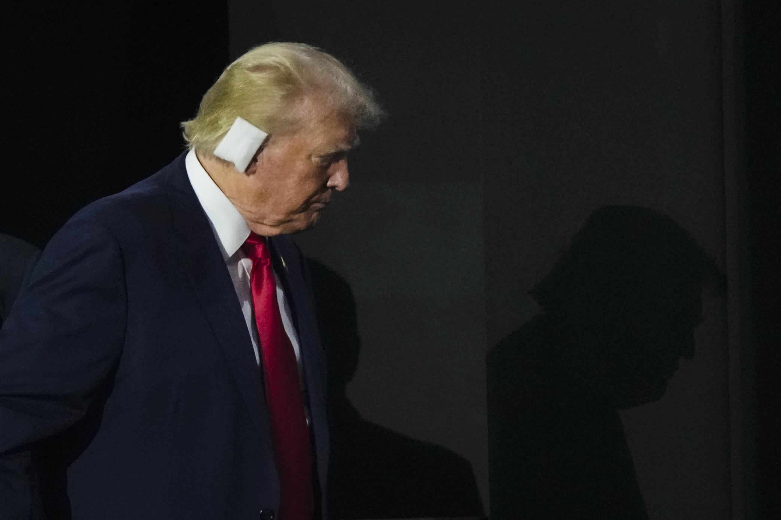 Republican presidential candidate former President Donald Trump departs during the Republican National Convention, Monday, July 15, 2024, in Milwaukee. (AP Photo/Matt Rourke)
