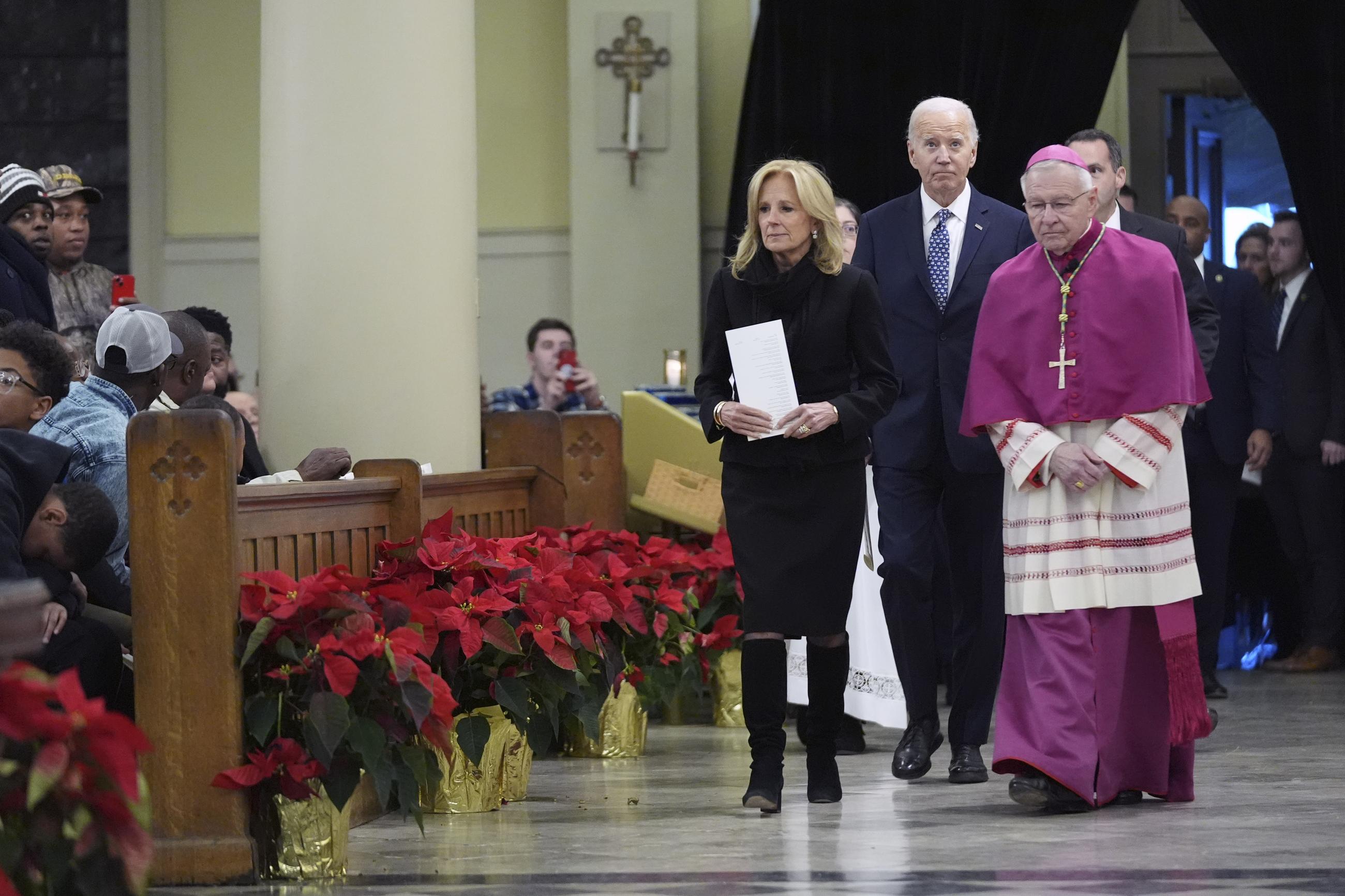 President Biden and first lady Jill Biden arrive to participate in an interfaith prayer service at St. Louis Cathedral in New Orleans on Jan. 6 for the victims of a deadly New Year's truck attack. (AP Photo/Stephanie Scarbrough)